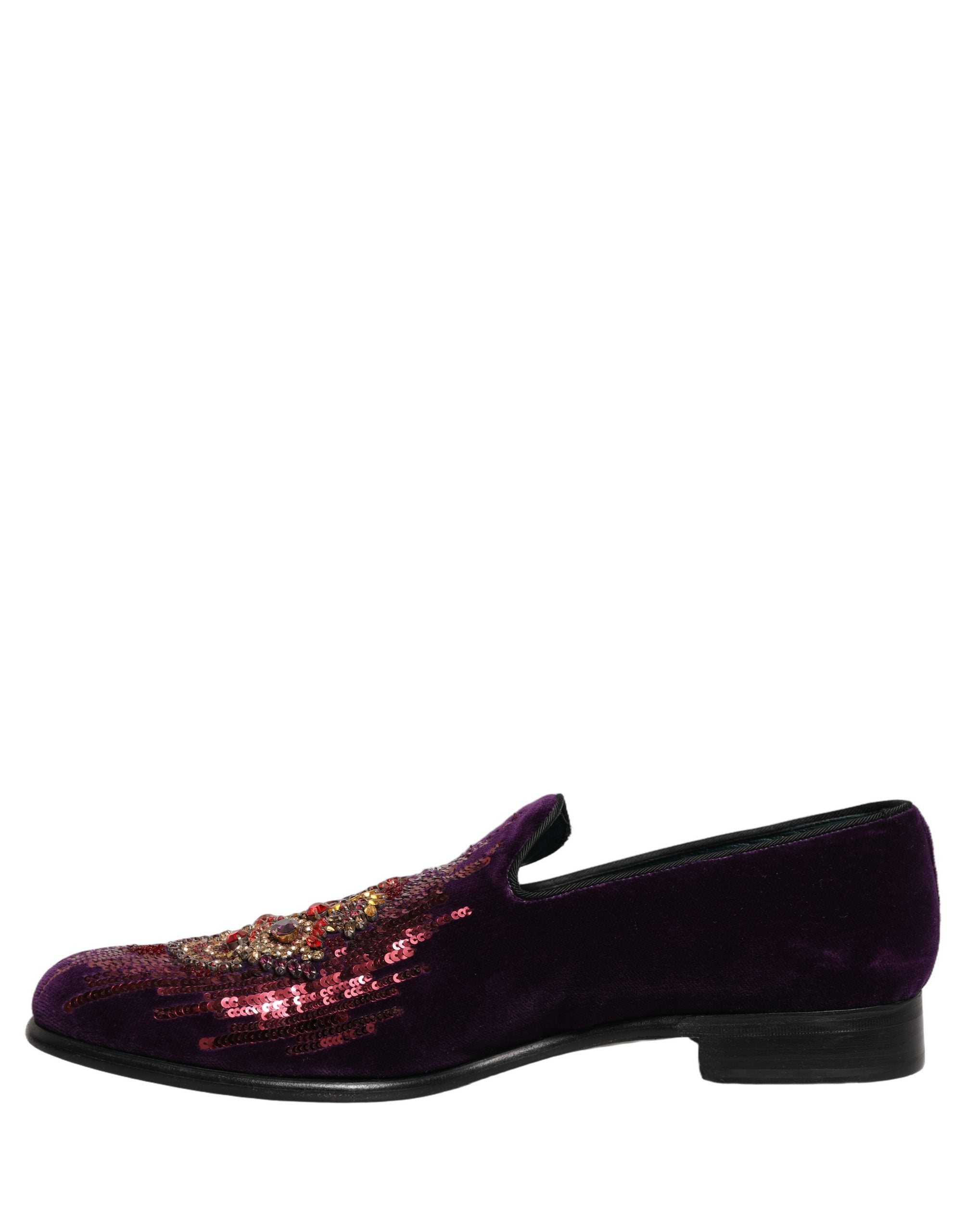 Dolce & Gabbana Violet Velvet Rhinestone Sequin Loafers Shoes