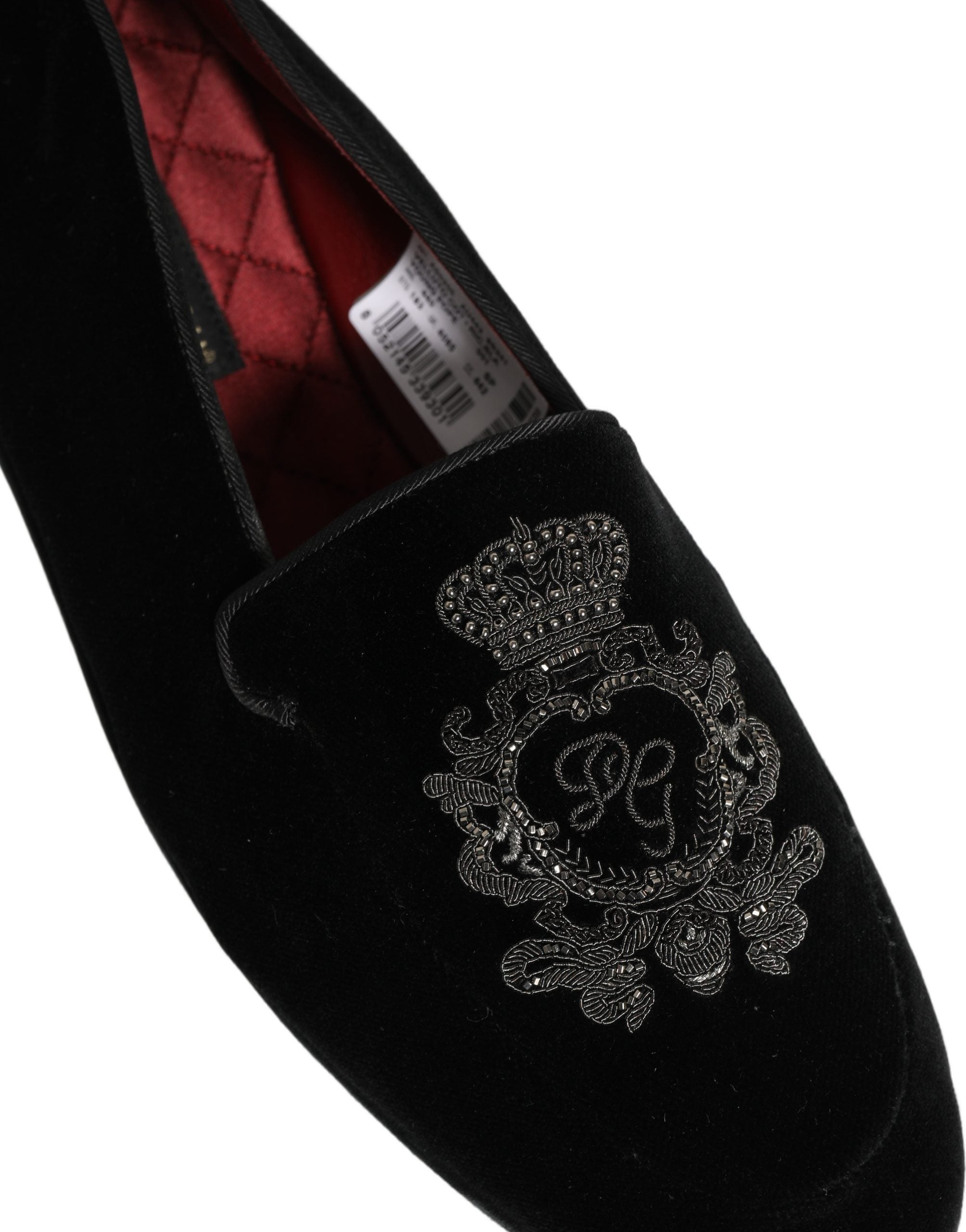 Dolce & Gabbana Black Velvet Crown Embroidery Loafers Shoes