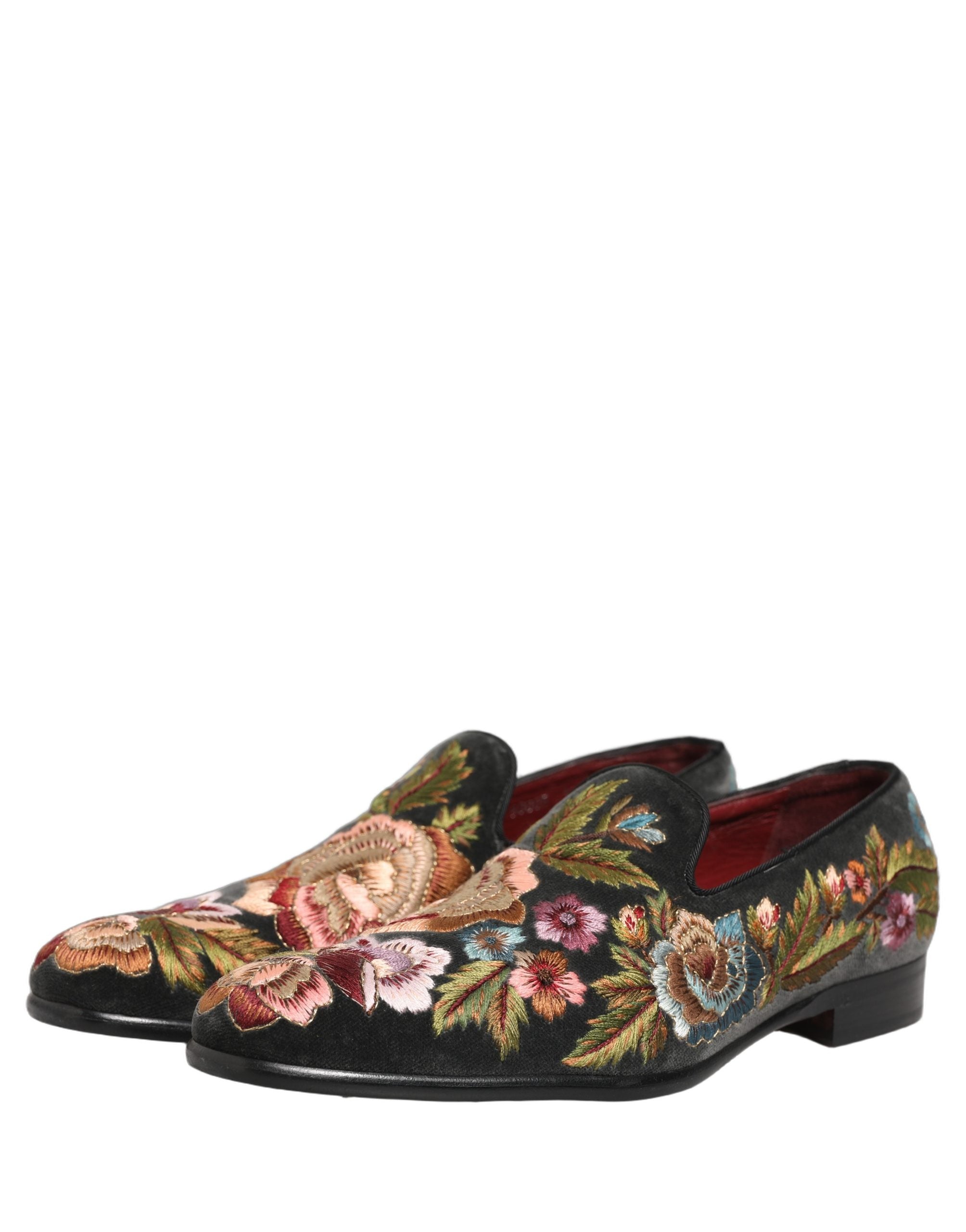 Dolce & Gabbana Black Velvet Floral Embroidery Loafers Shoes
