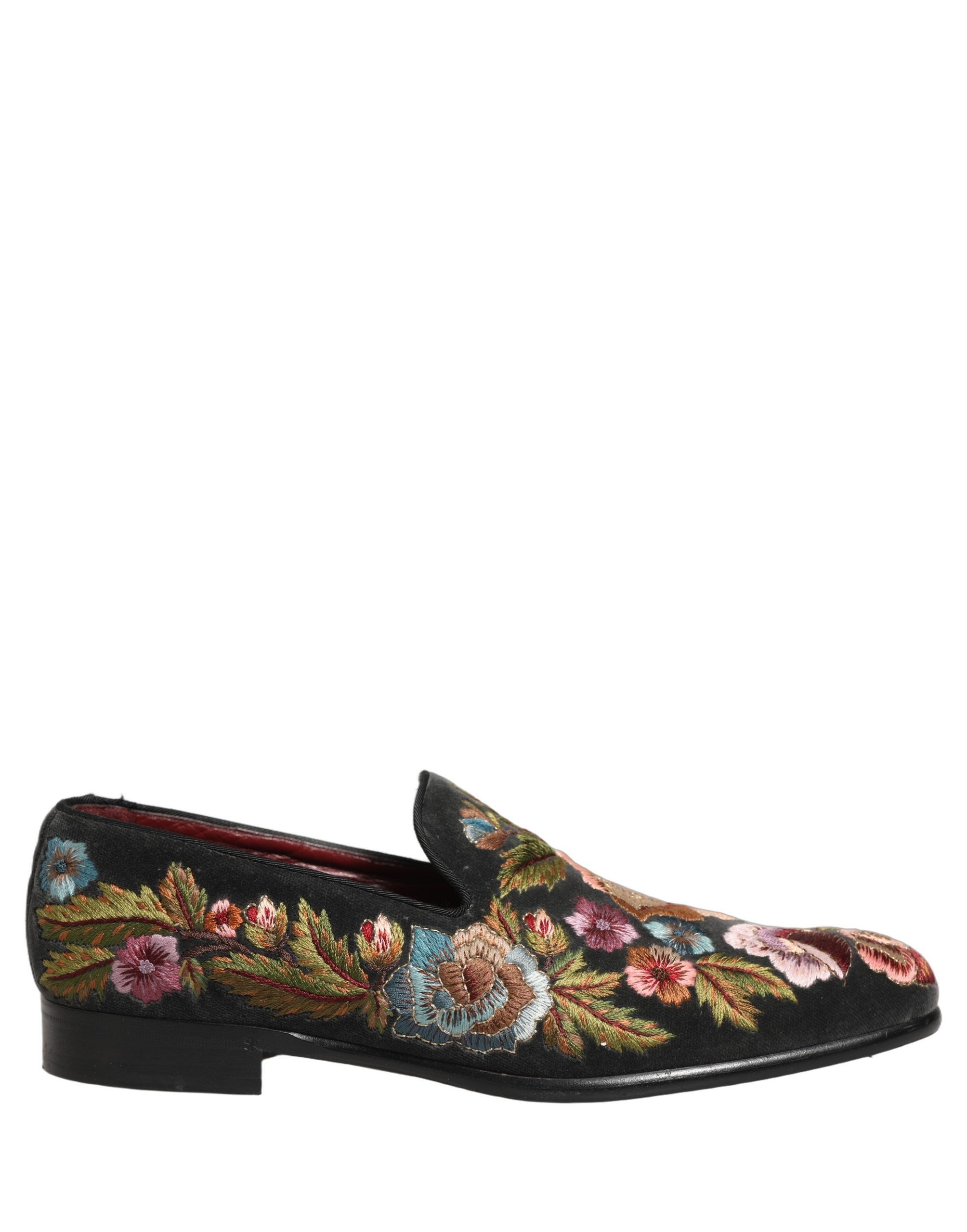 Dolce & Gabbana Black Velvet Floral Embroidery Loafers Shoes
