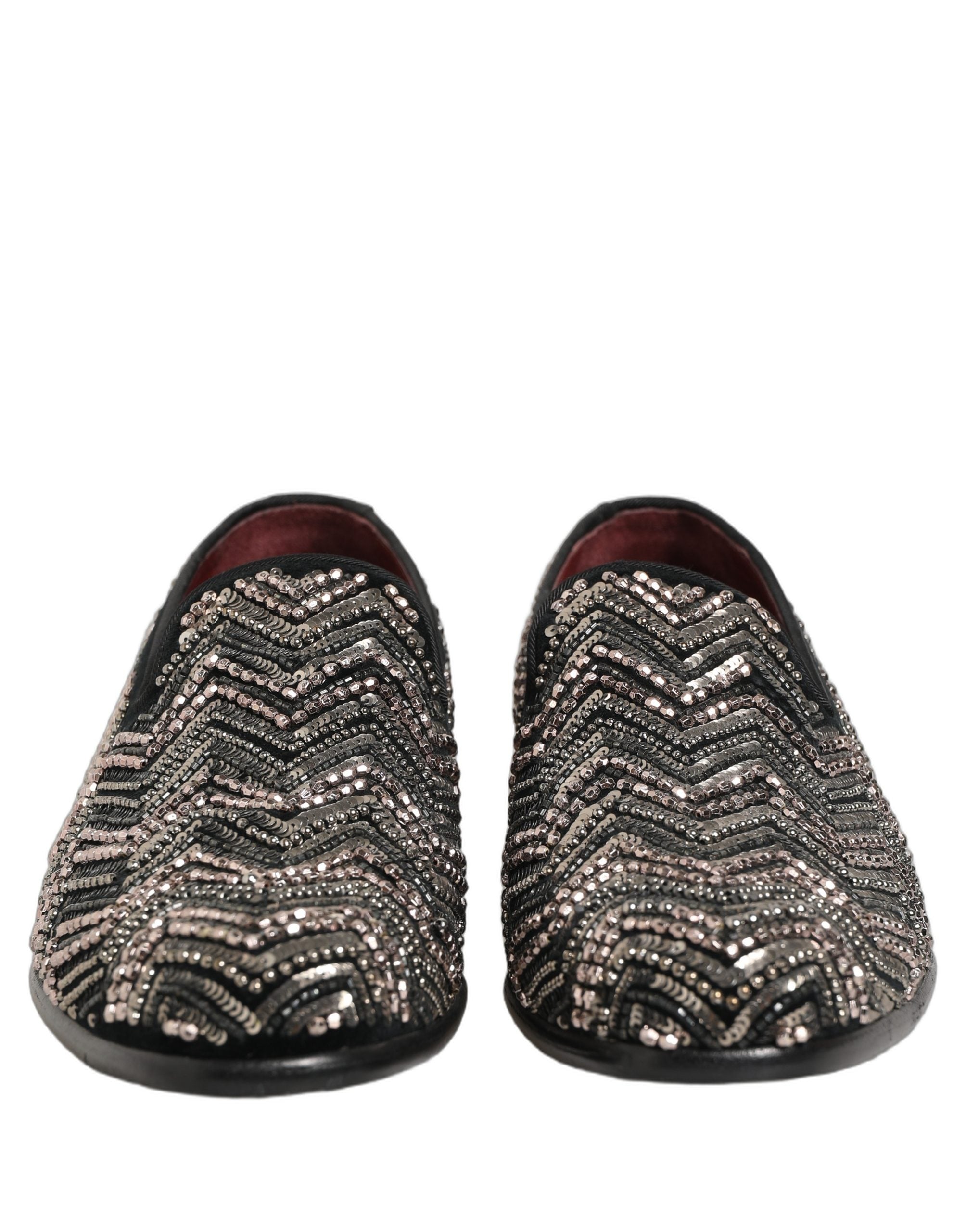 Dolce & Gabbana Black Velvet Floral Embellished Loafers Shoes