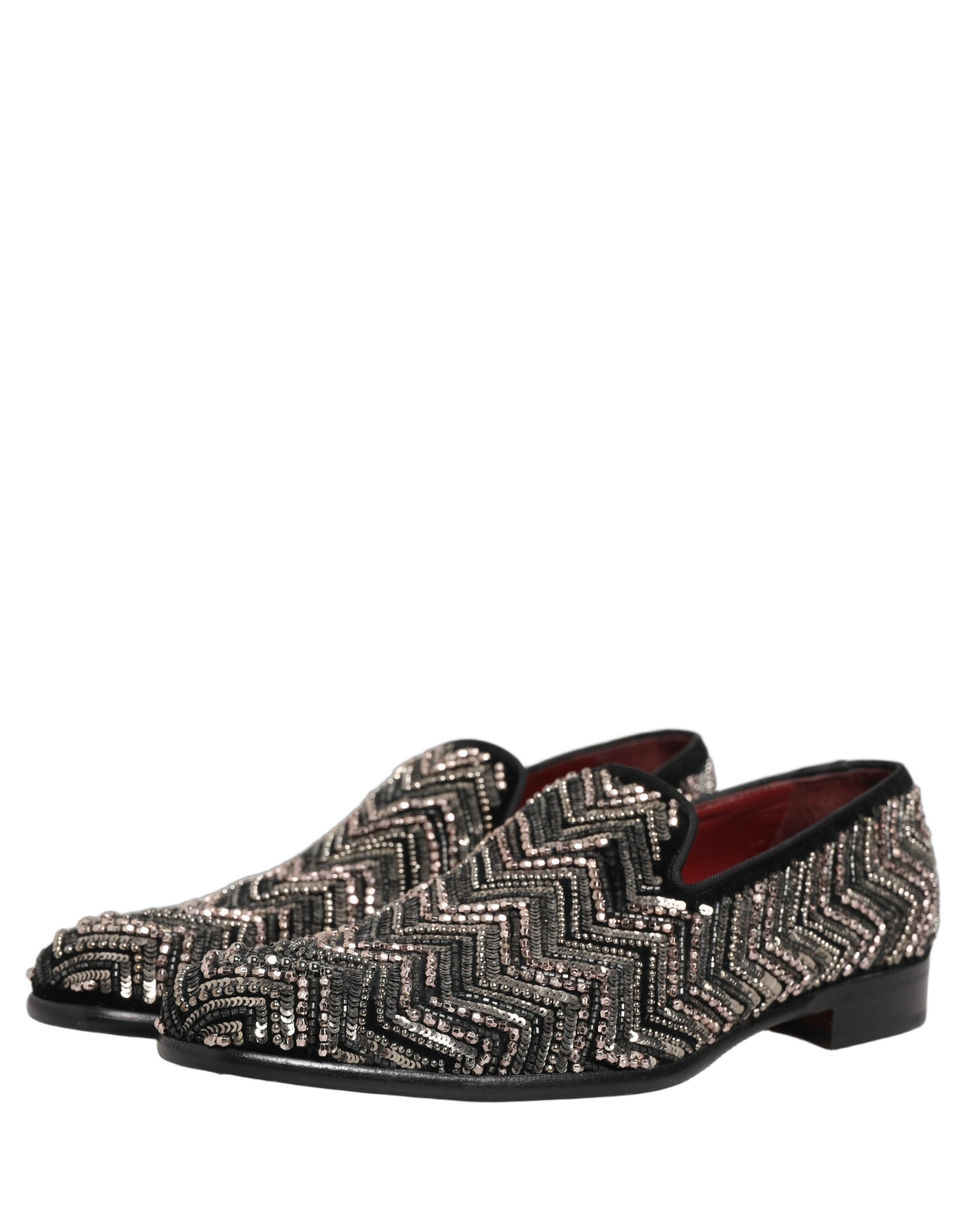 Dolce & Gabbana Black Velvet Floral Embellished Loafers Shoes