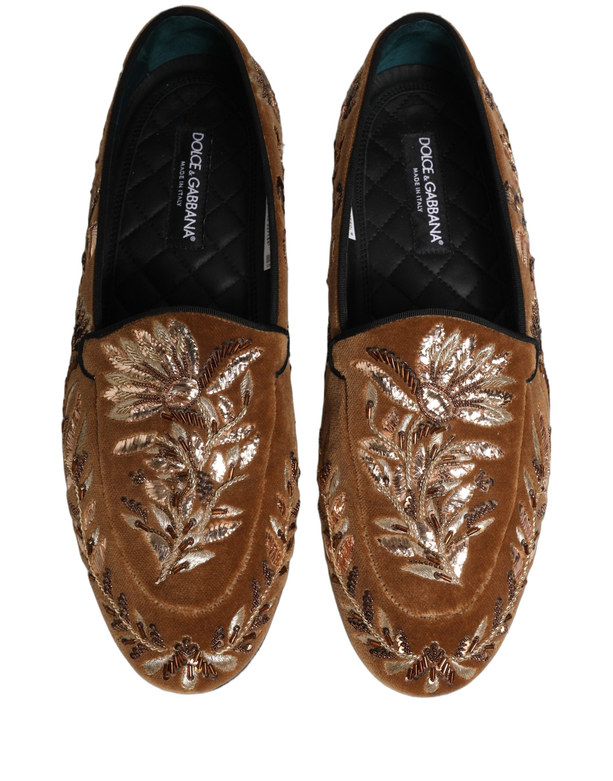 Dolce & Gabbana Brown Velvet Floral Embroidery Loafers Shoes
