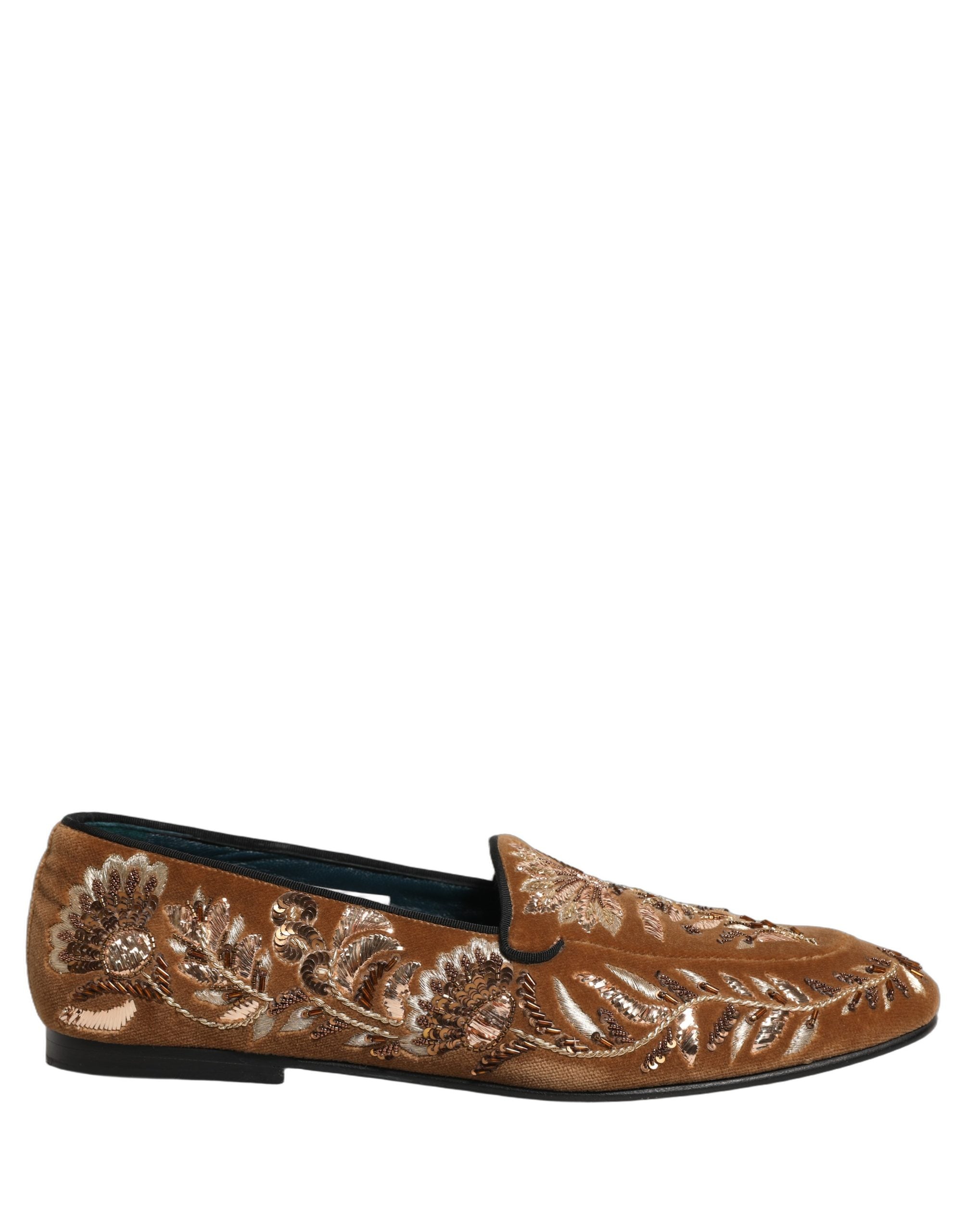 Dolce & Gabbana Brown Velvet Floral Embroidery Loafers Shoes