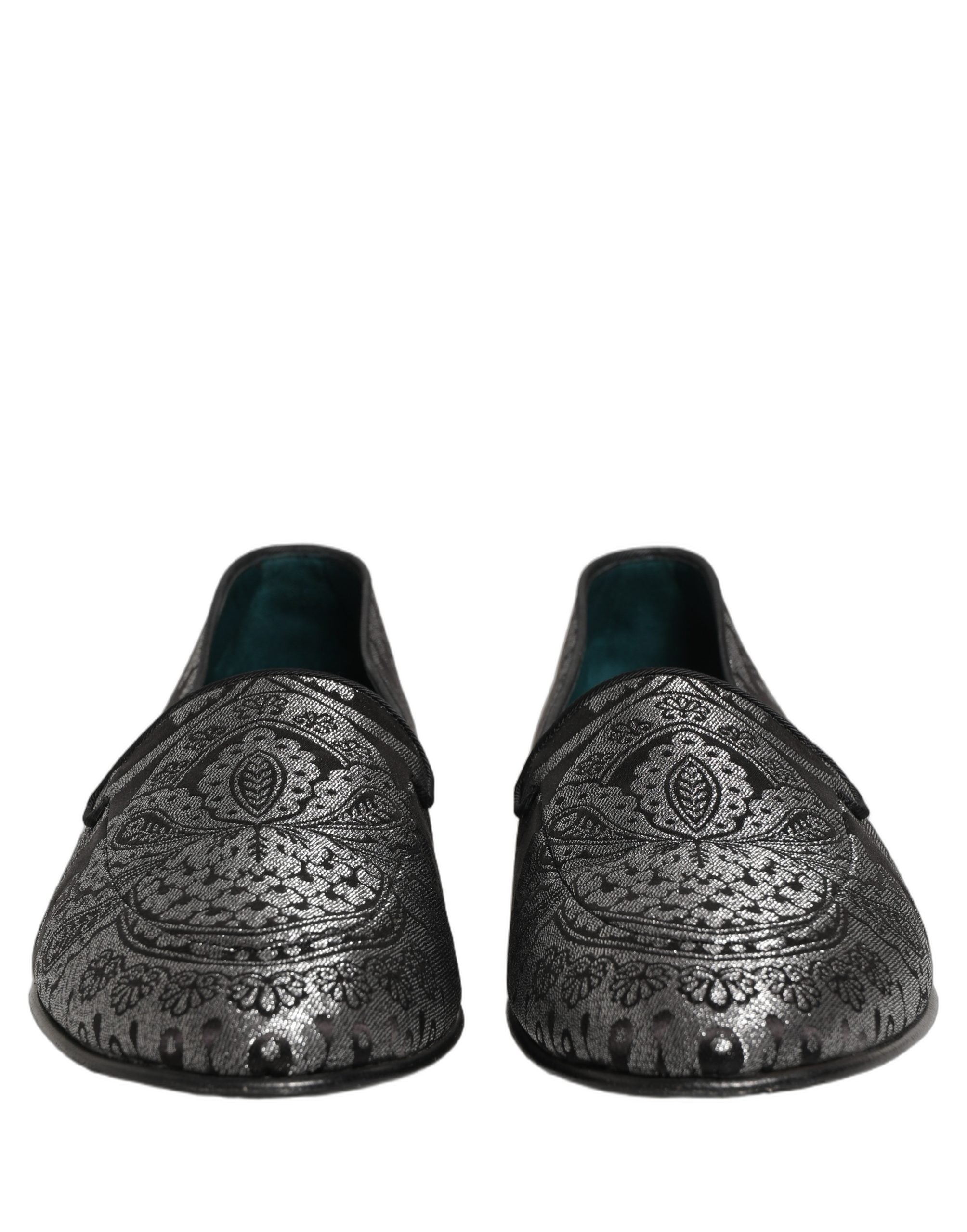 Dolce & Gabbana Silver Jacquard Leather Slip On Loafers Shoes