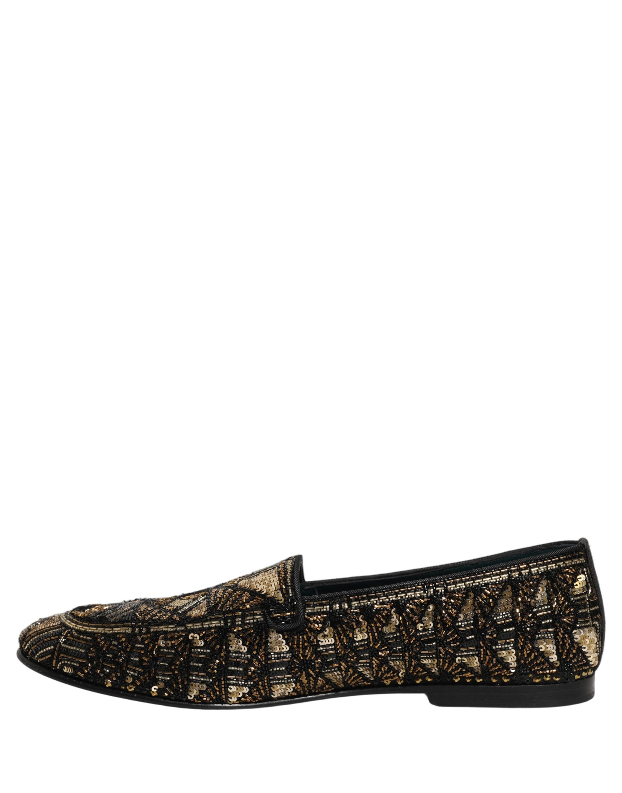 Dolce & Gabbana Black Gold Embellished Slip On Loafers Shoes