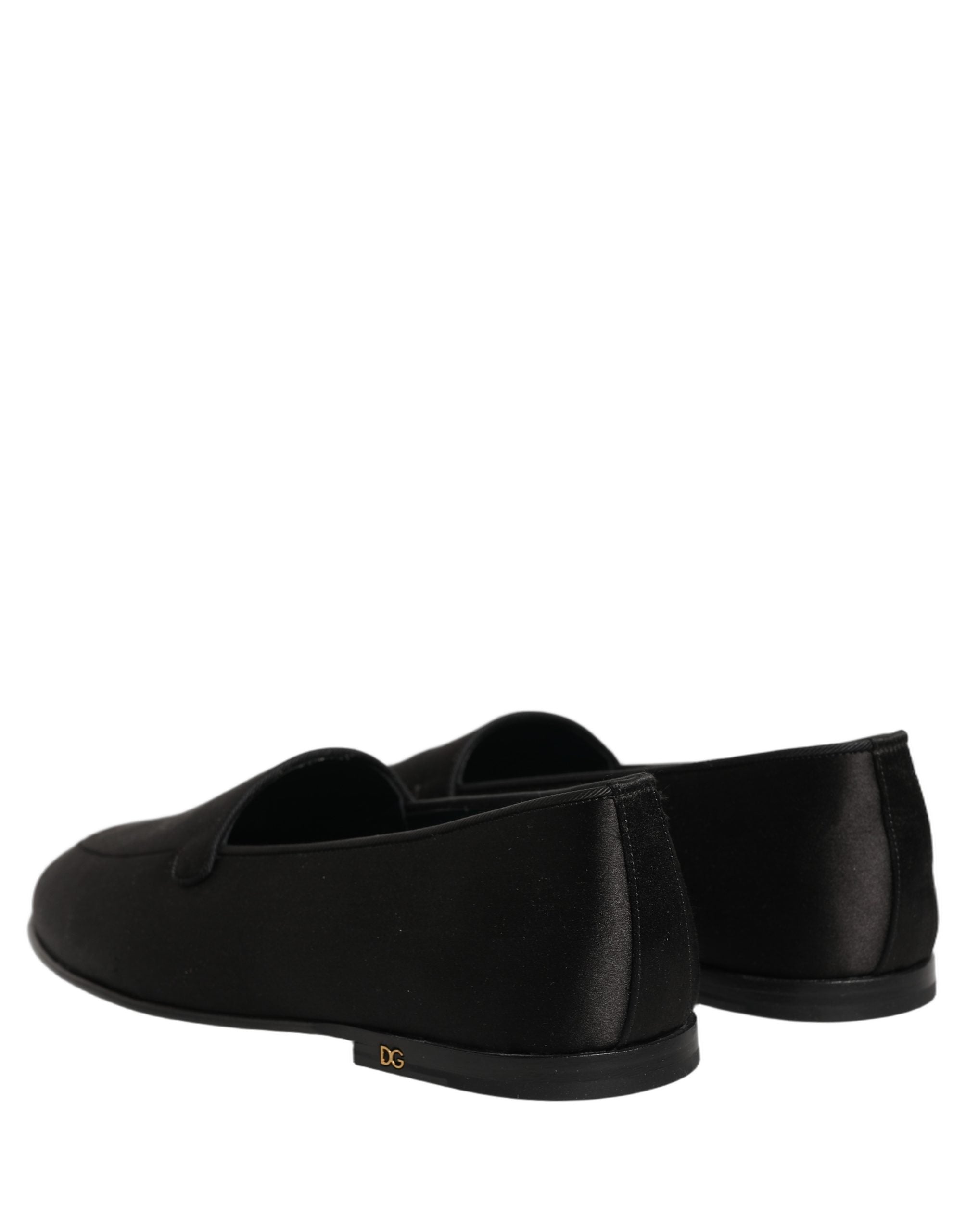 Dolce & Gabbana Black Satin Logo Slip On Flats Loafers Shoes