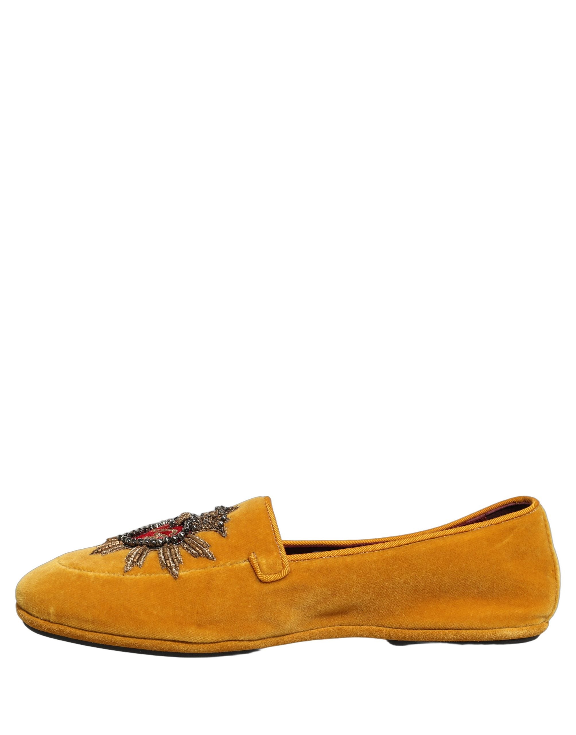 Dolce & Gabbana Yellow Velvet DG Heart Loafers Flats Shoes