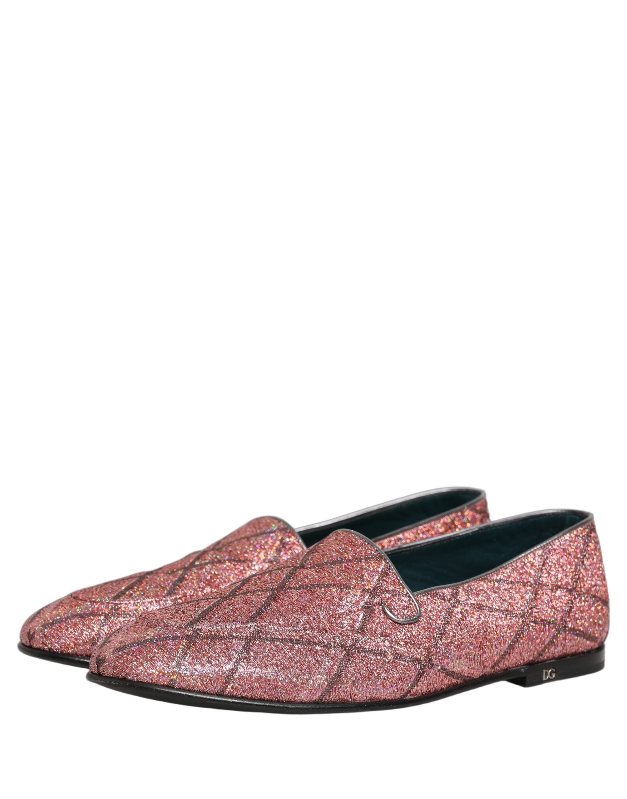 Dolce & Gabbana Pink Check Glitter Lurex Logo Loafers Shoes