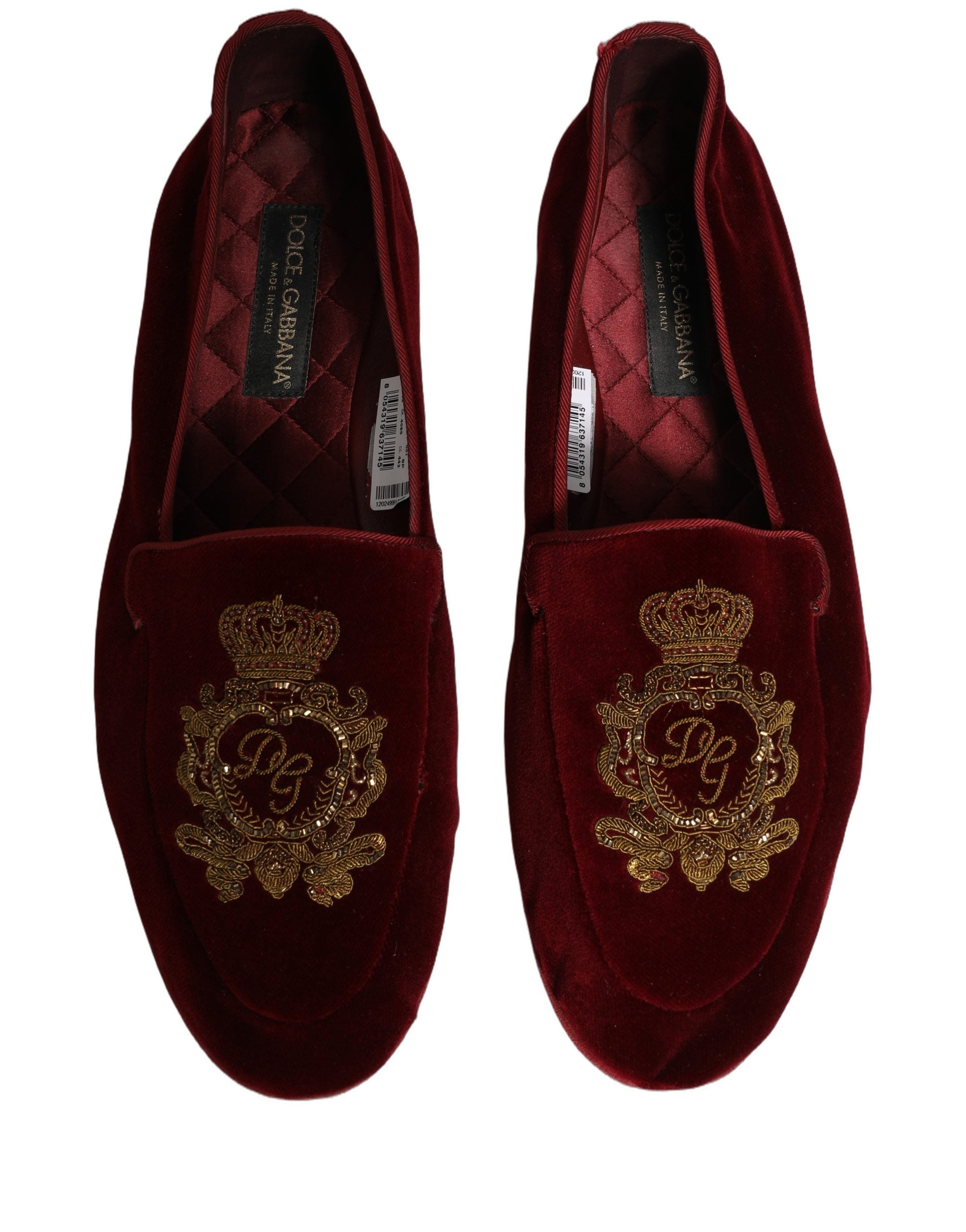 Dolce & Gabbana Maroon Velvet Crown Embroidery Loafers Shoes