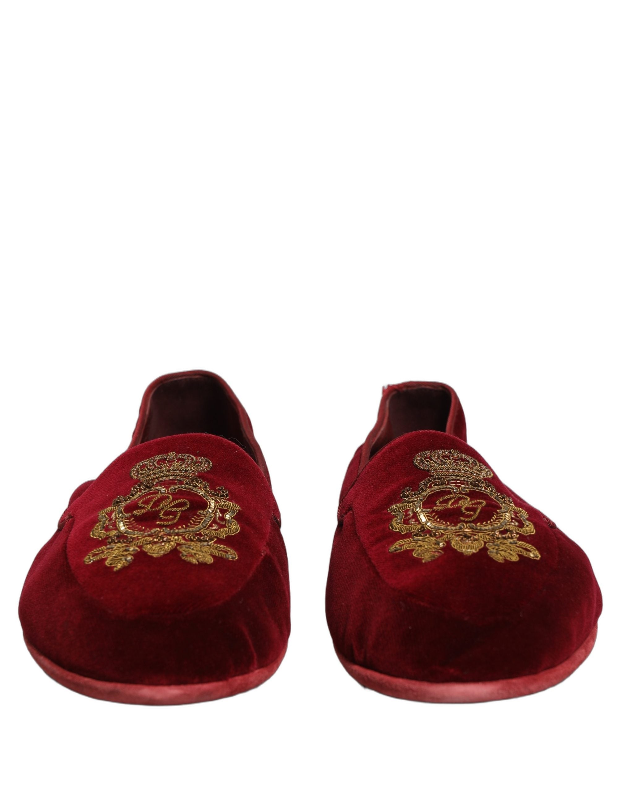 Dolce & Gabbana Maroon Velvet Crown Embroidery Loafers Shoes