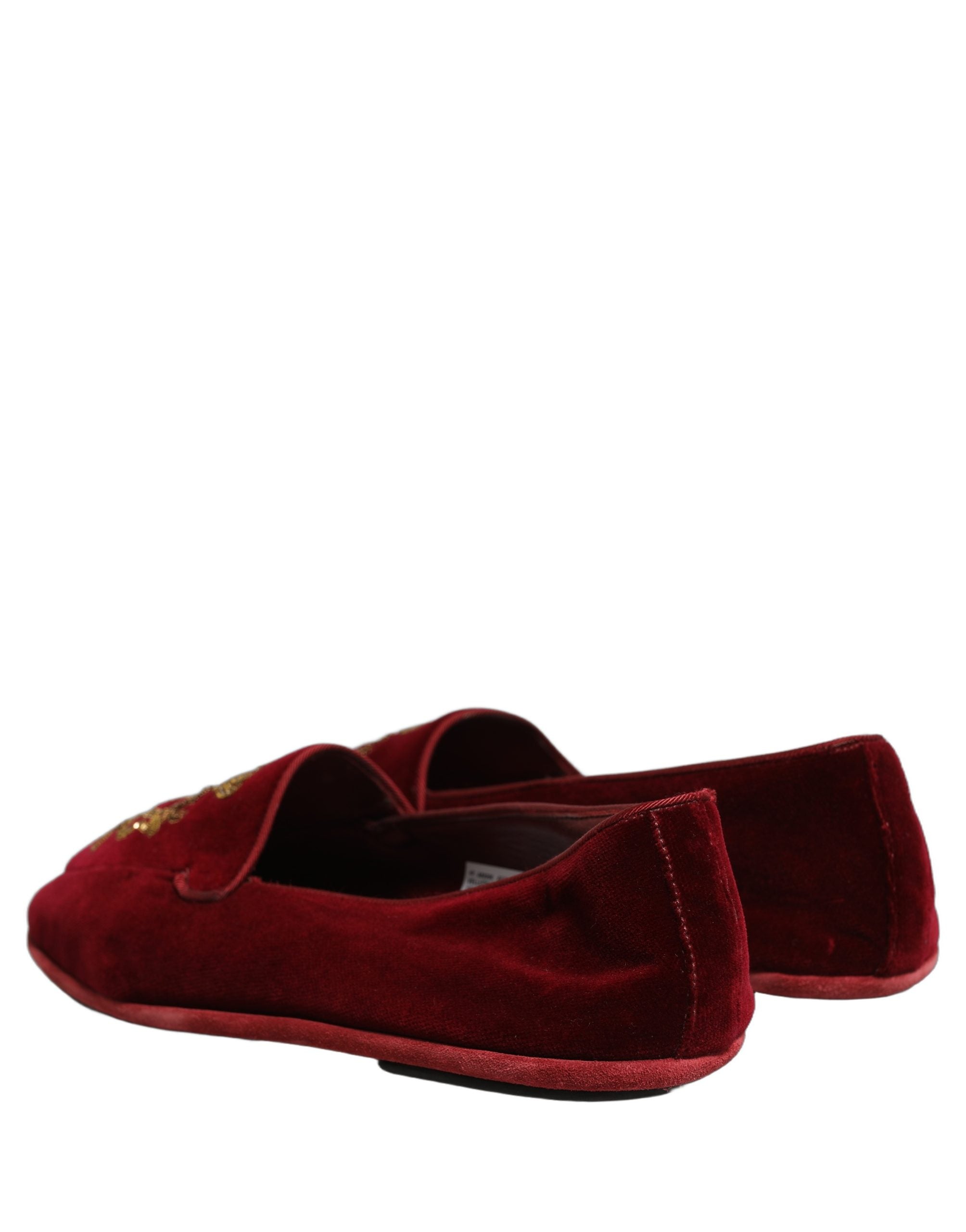 Dolce & Gabbana Maroon Velvet Crown Embroidery Loafers Shoes