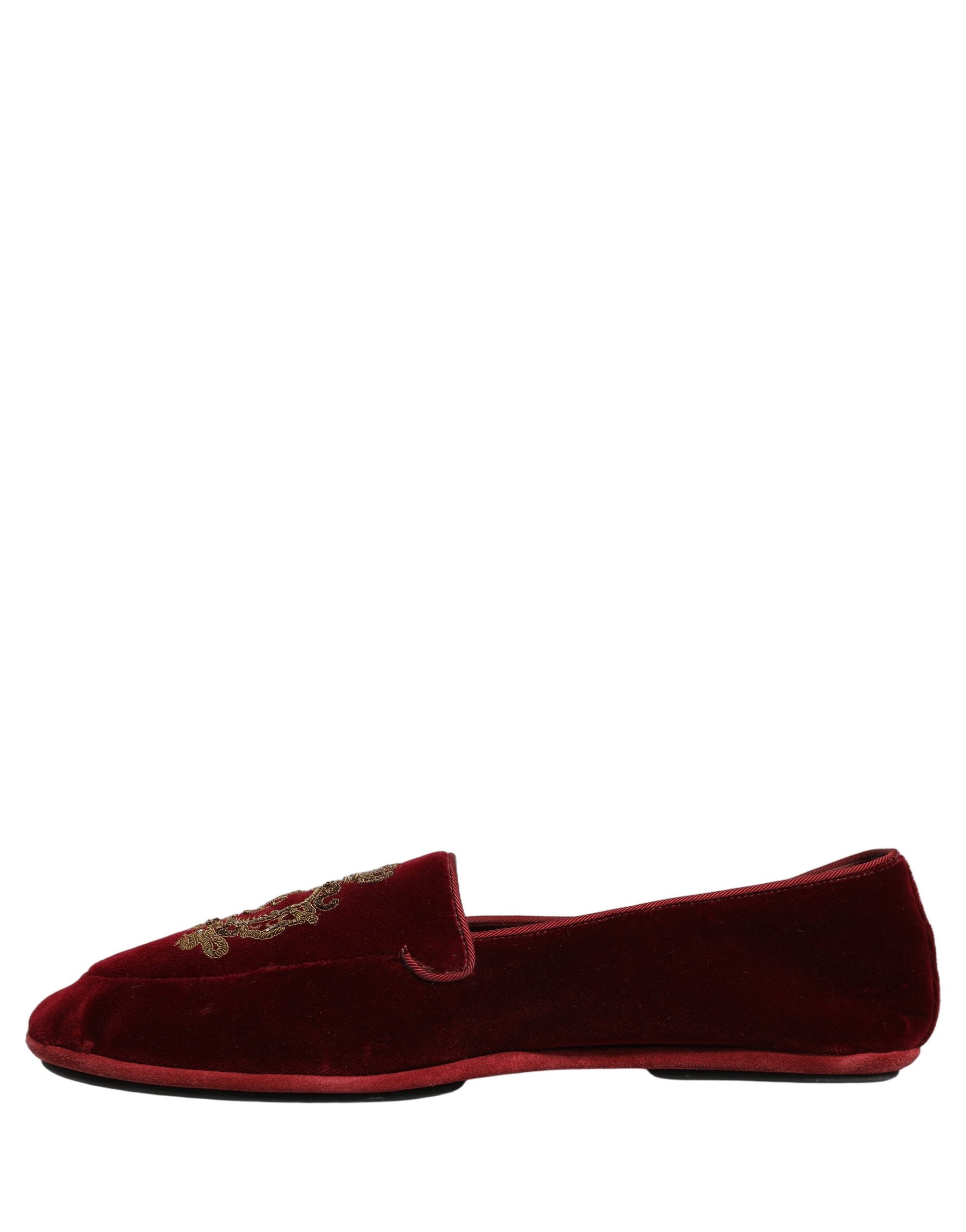 Dolce & Gabbana Maroon Velvet Crown Embroidery Loafers Shoes