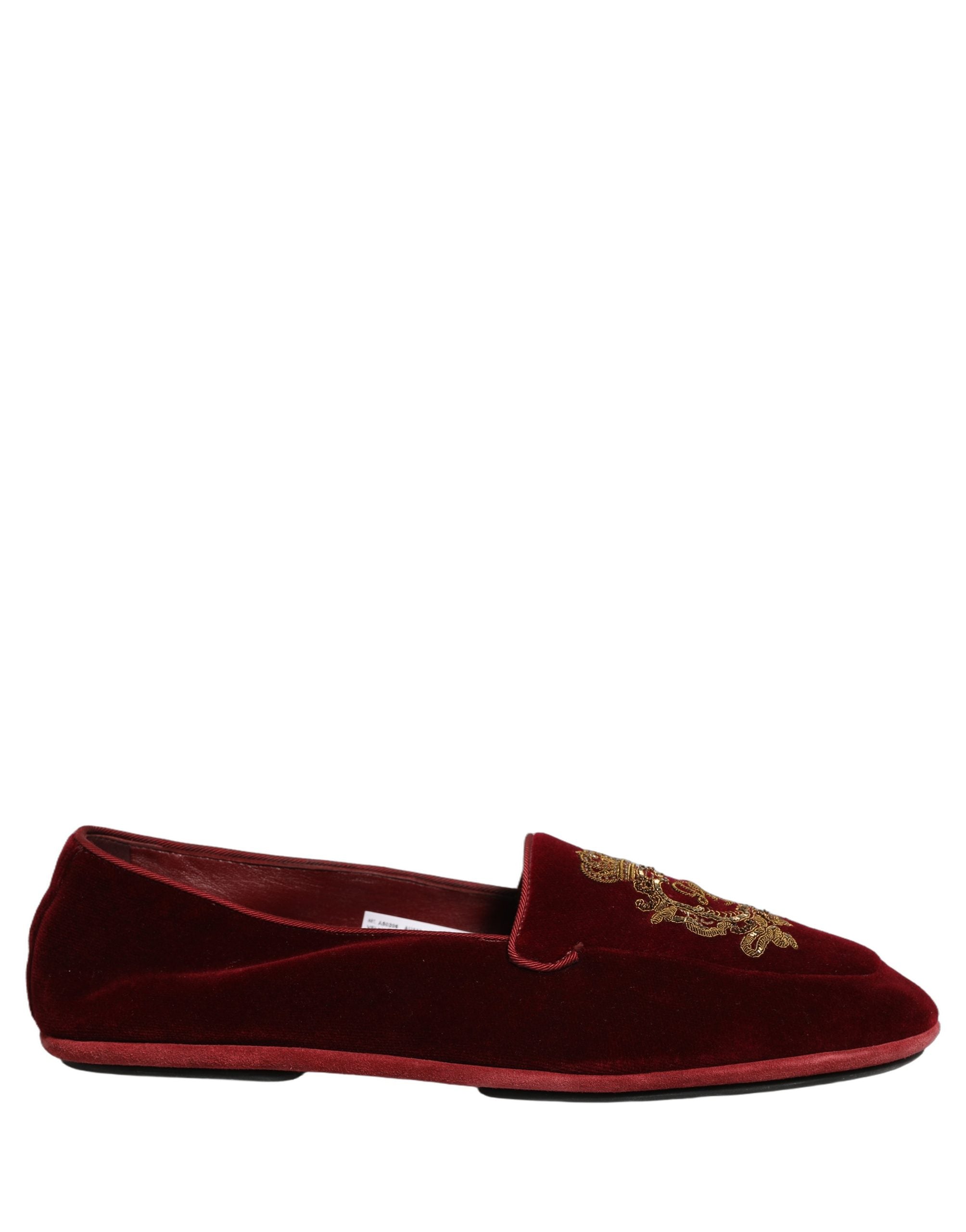 Dolce & Gabbana Maroon Velvet Crown Embroidery Loafers Shoes