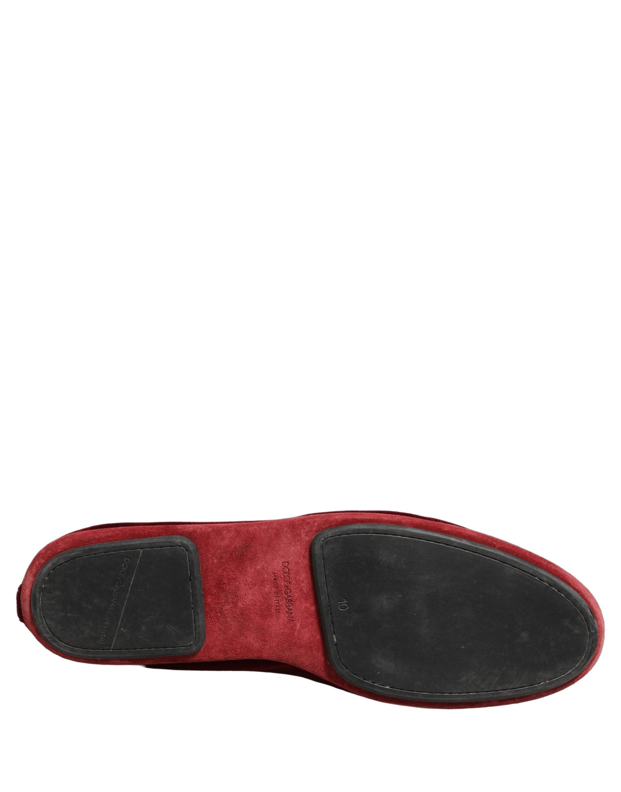 Dolce & Gabbana Maroon Velvet Crown Embroidery Loafers Shoes