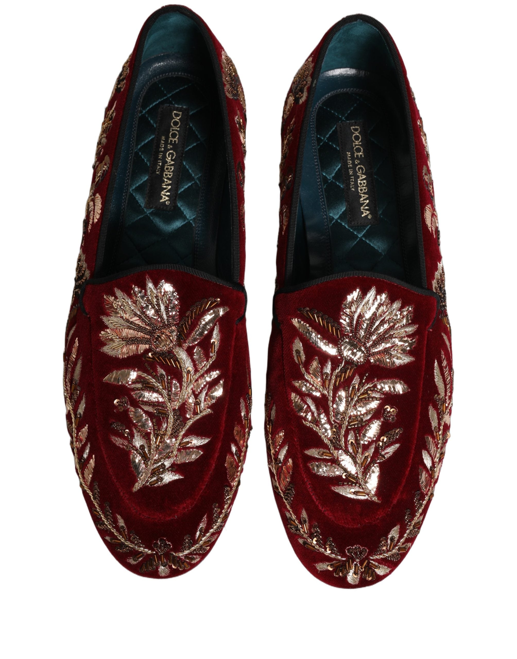 Dolce & Gabbana Red Velvet Floral Embroidery Loafers Shoes