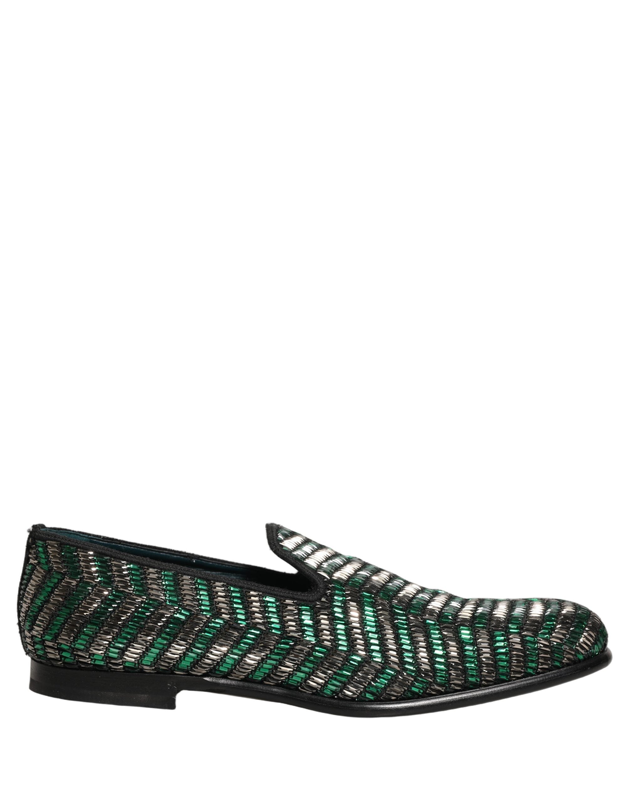Dolce & Gabbana Silver Green Embellished Dress Loafers Shoes