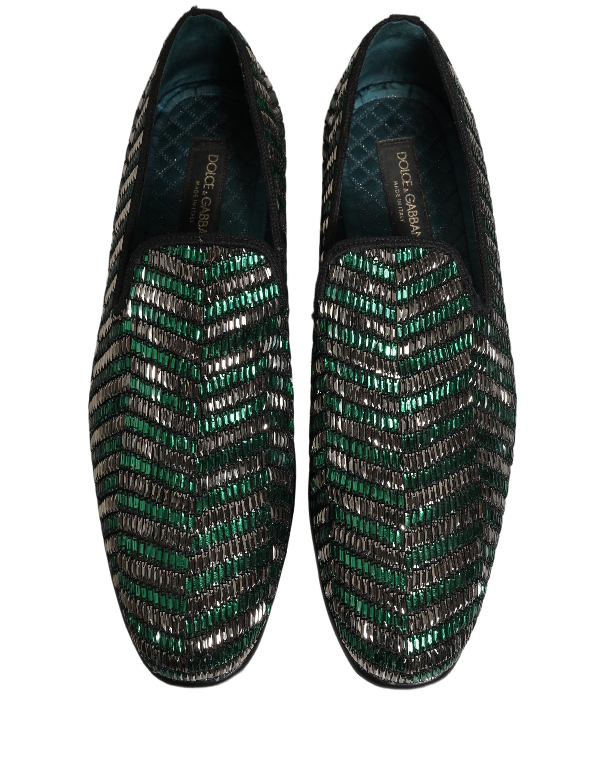 Dolce & Gabbana Silver Green Embellished Dress Loafers Shoes