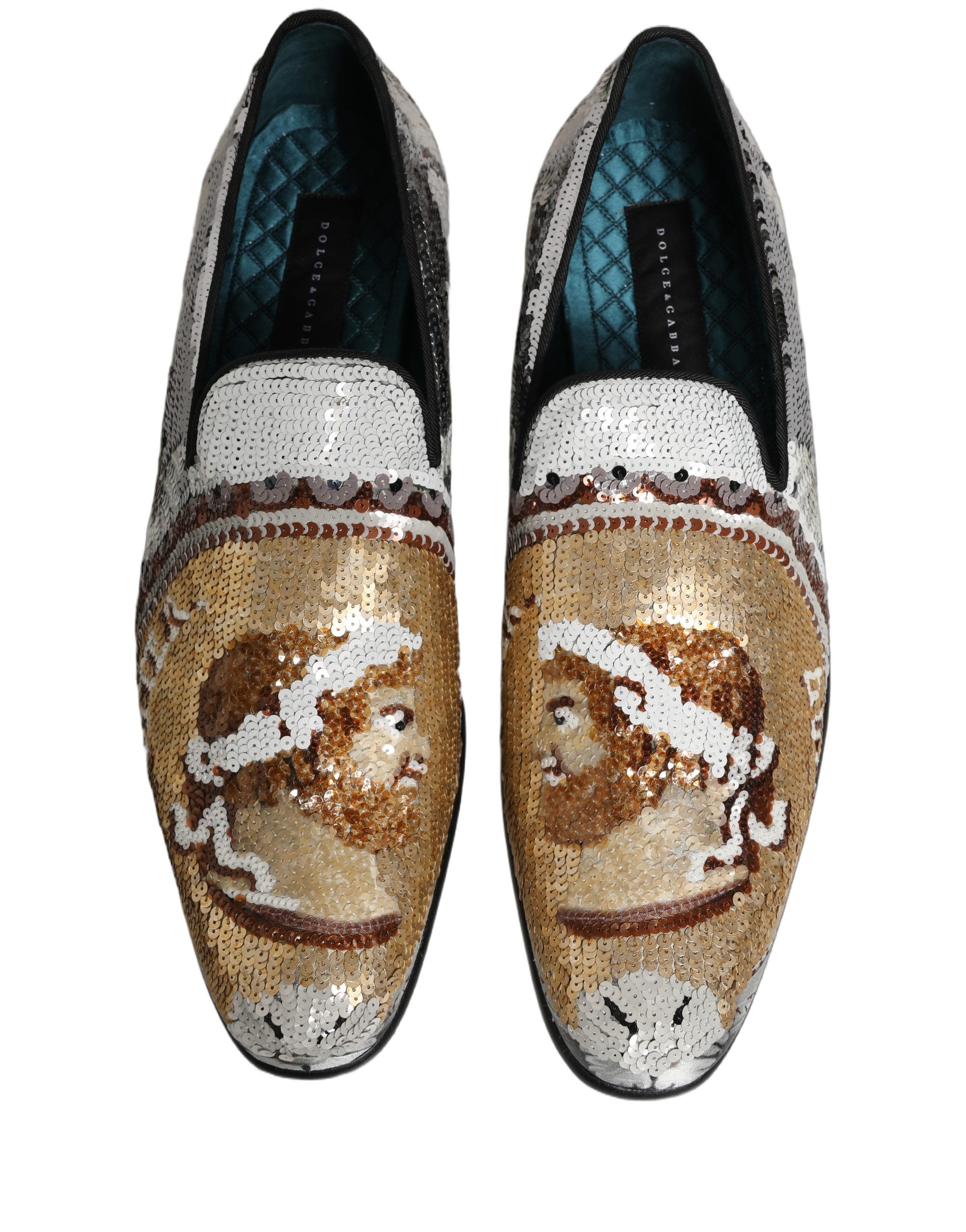 Dolce & Gabbana White Gold Sequined Slip On Loafers Shoes