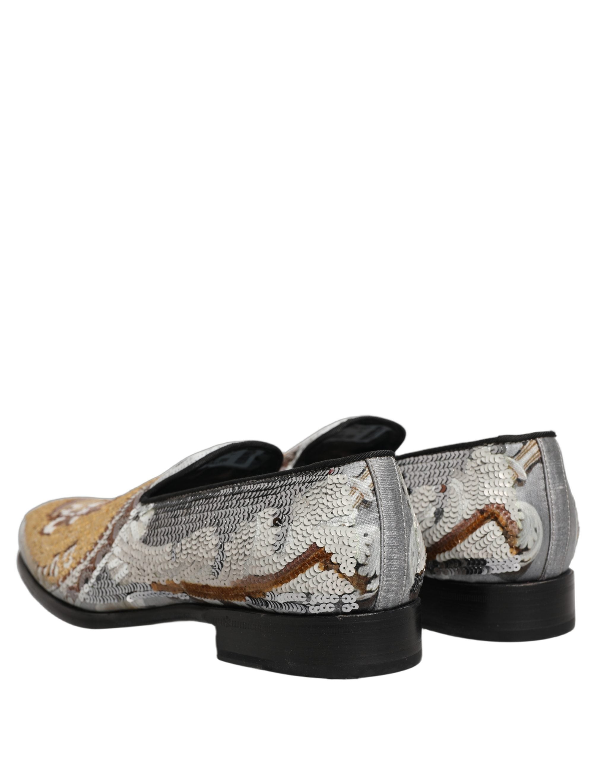 Dolce & Gabbana White Gold Sequined Slip On Loafers Shoes