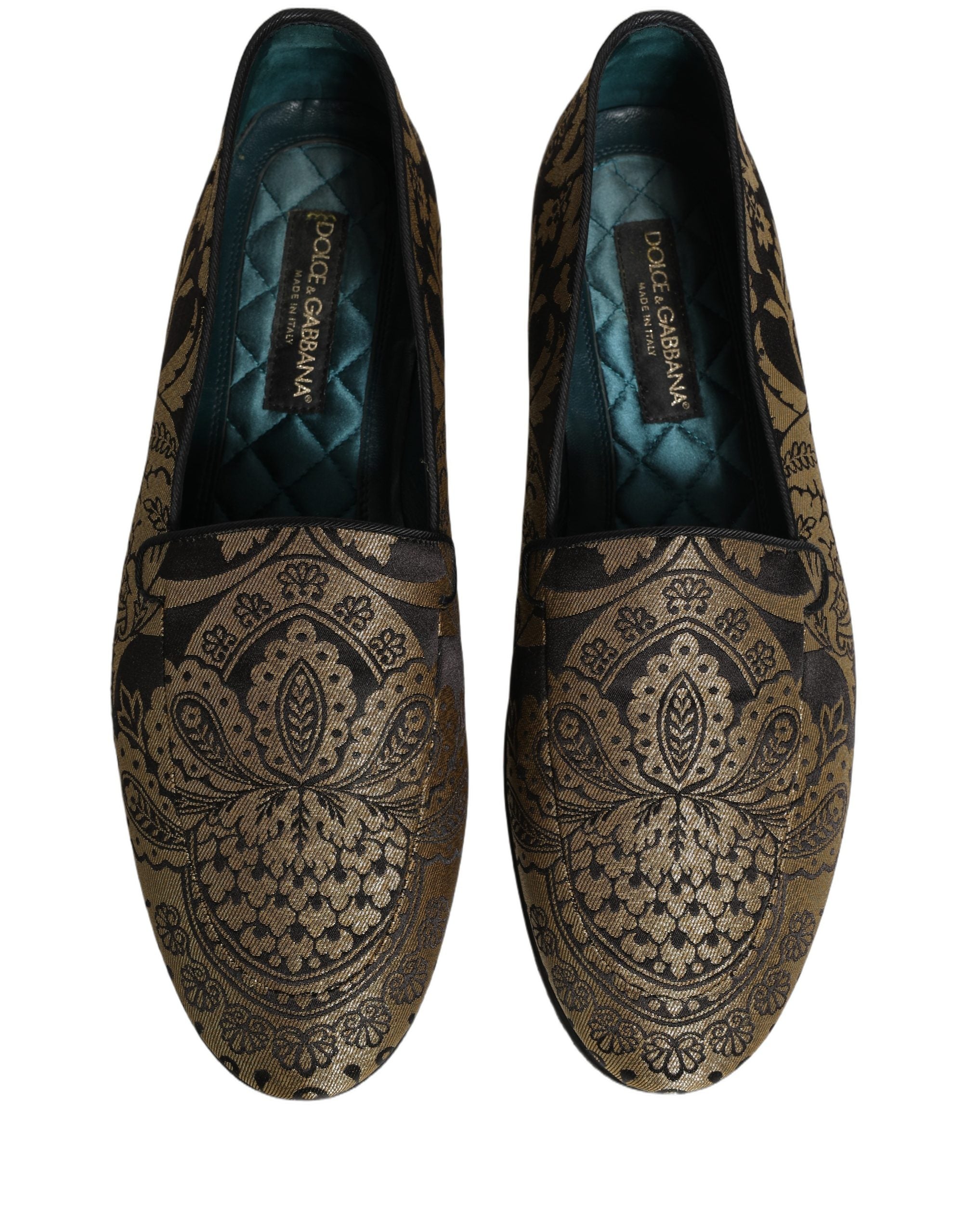 Dolce & Gabbana Gold Jacquard Leather Slip On Loafers Shoes