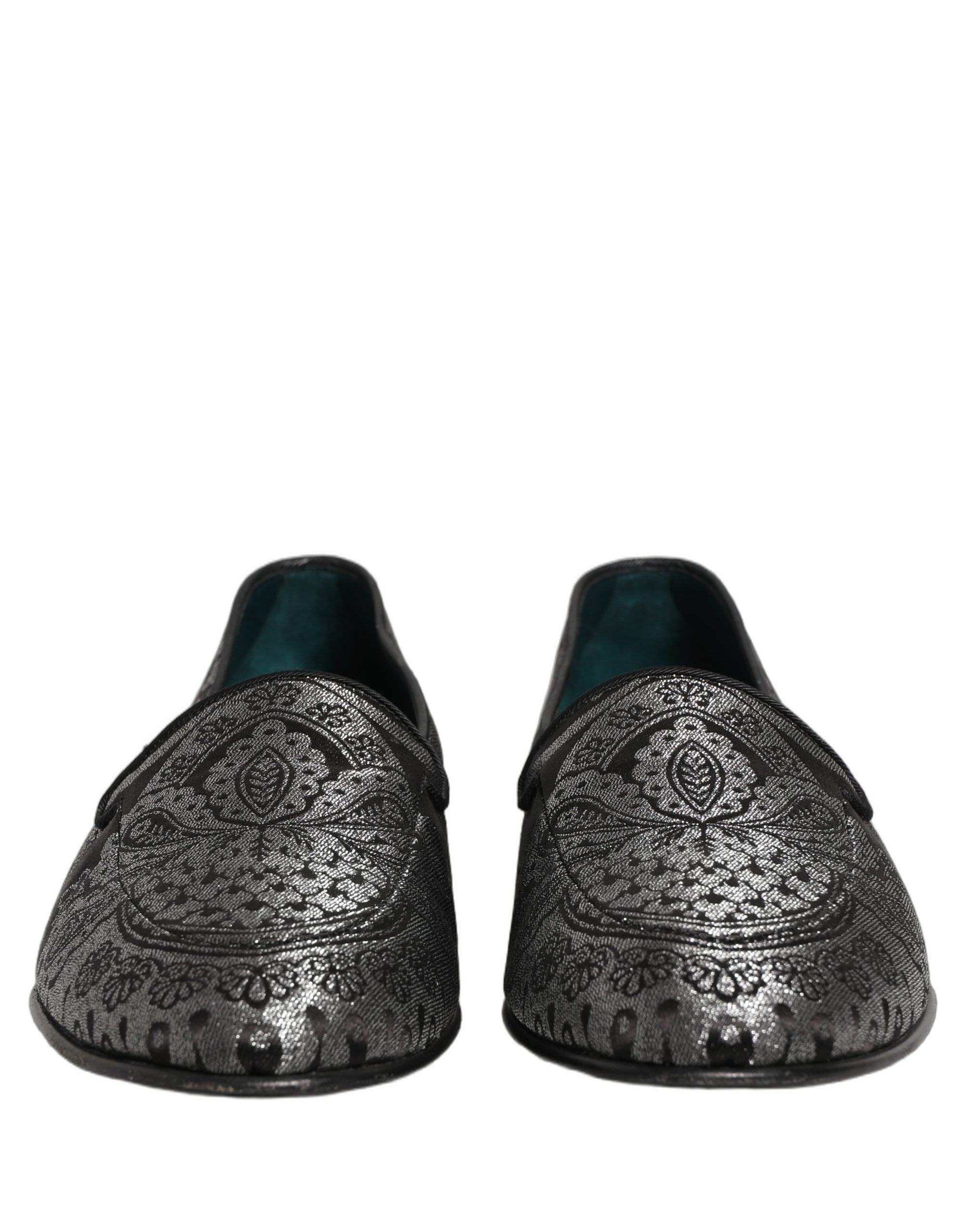 Dolce & Gabbana Silver Jacquard Leather Slip On Loafers Shoes