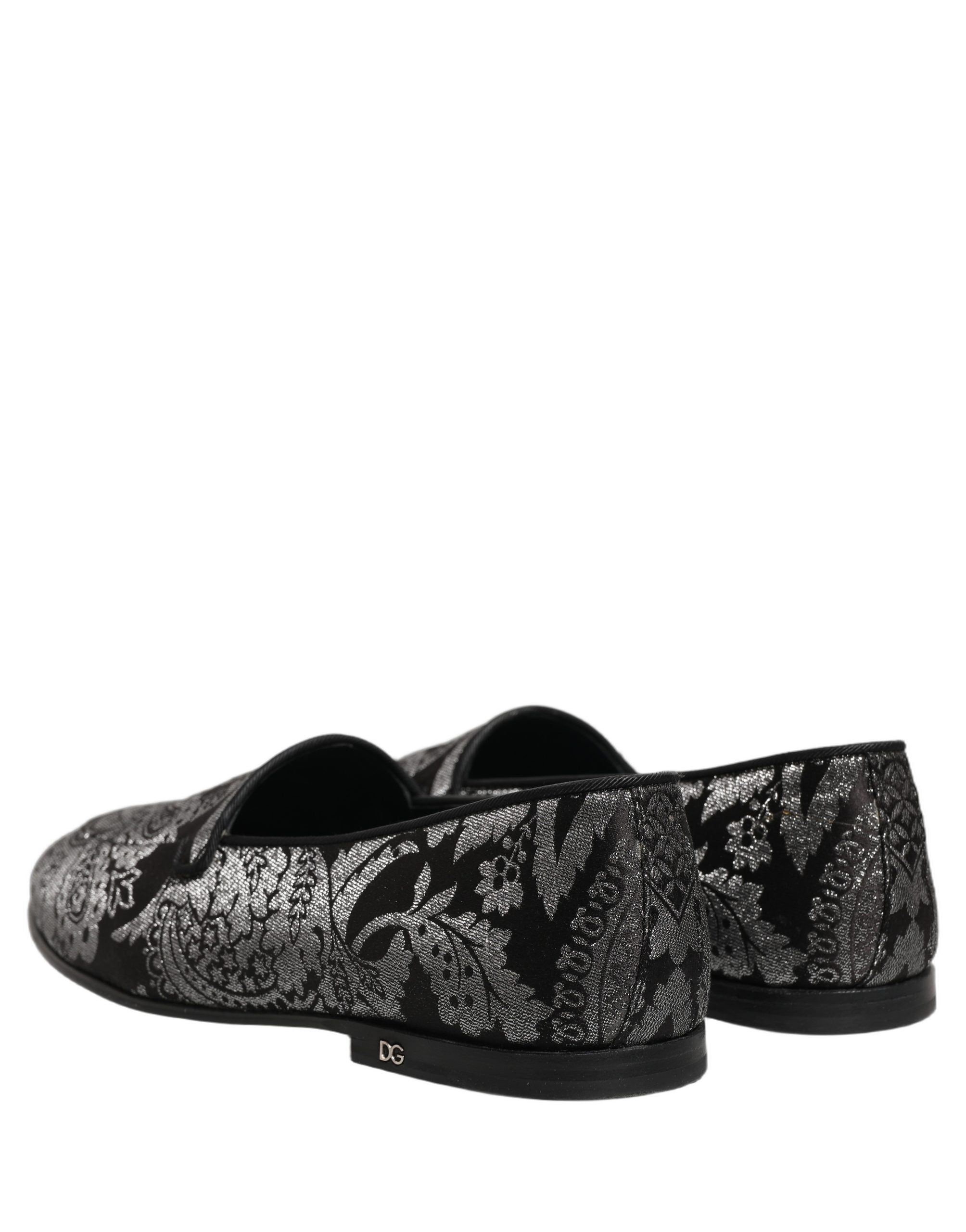 Dolce & Gabbana Silver Jacquard Leather Slip On Loafers Shoes