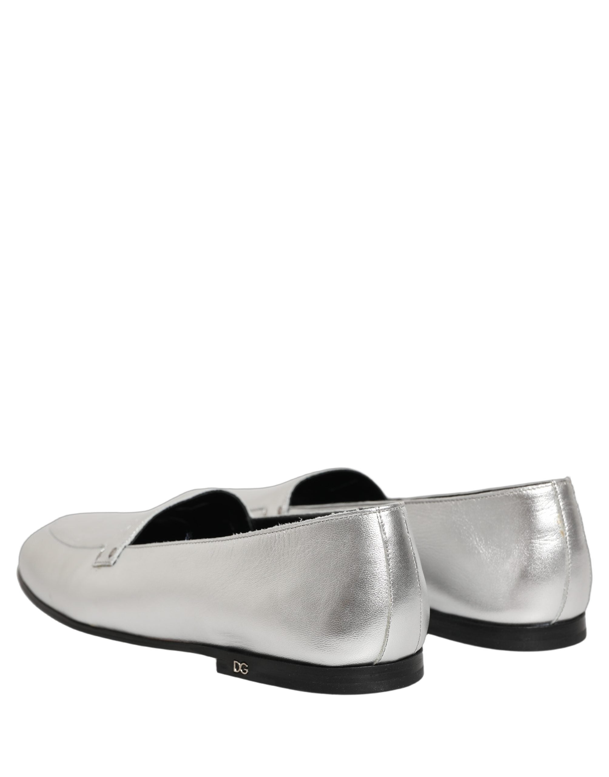 Dolce & Gabbana Silver Leather DG Logo Slip On Loafers Shoes