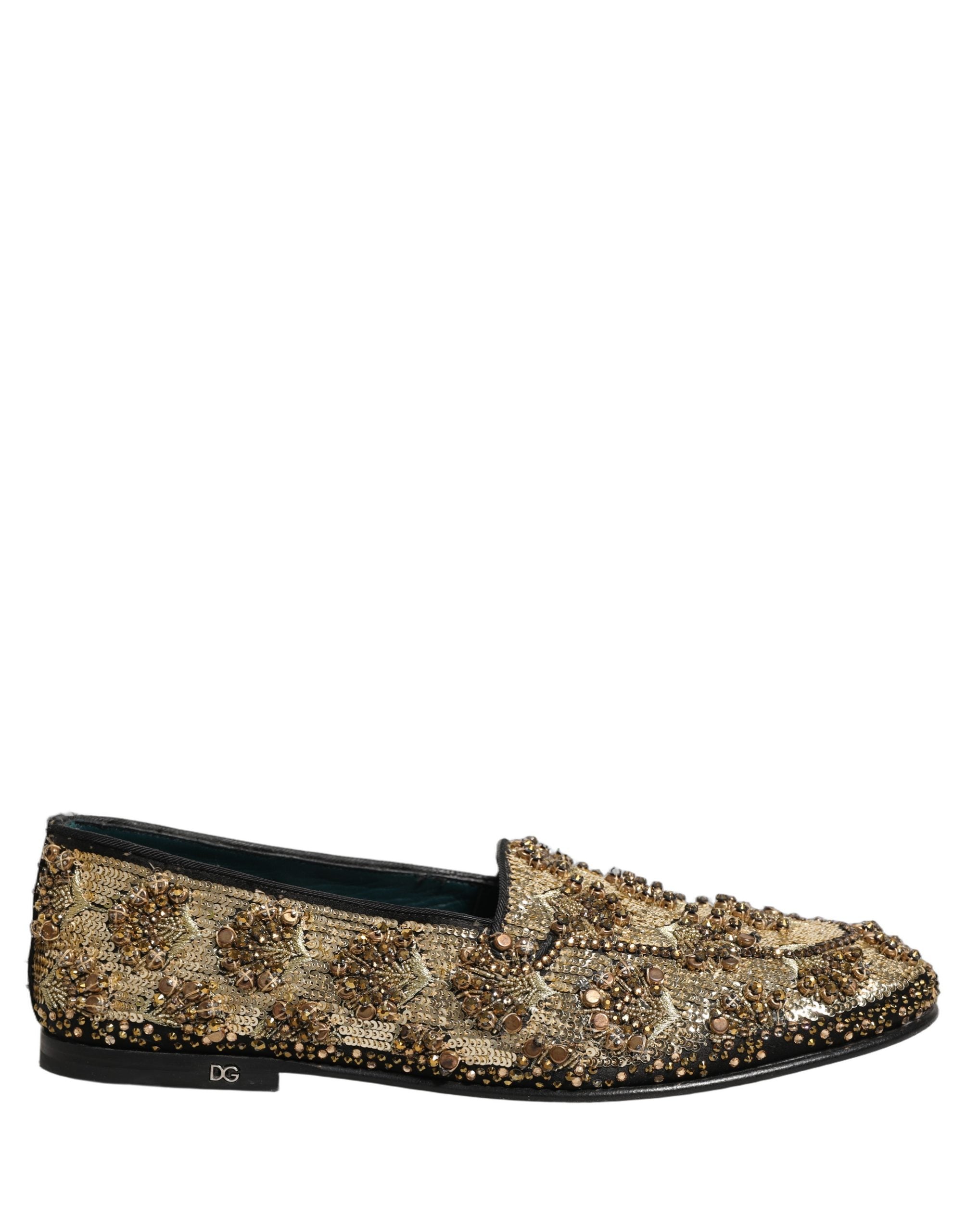 Dolce & Gabbana Gold Sequin Embellished Dress Loafers Shoes