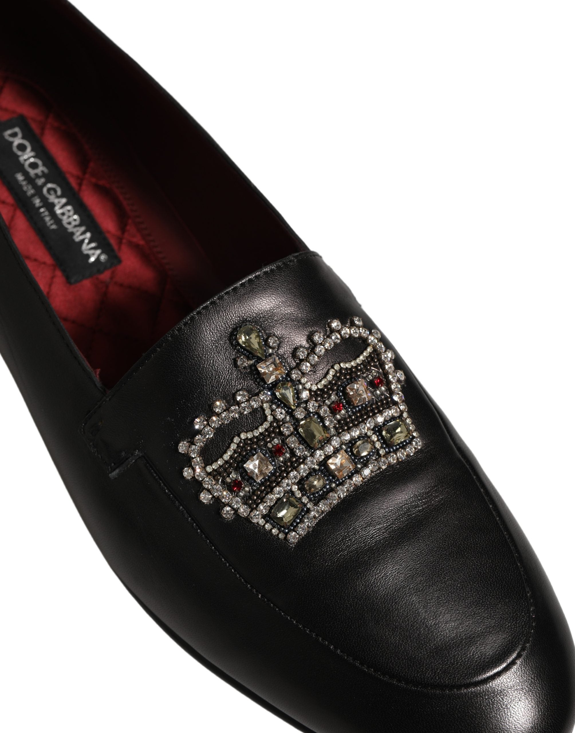 Dolce & Gabbana Black Leather Crown Embellished Loafers Shoes