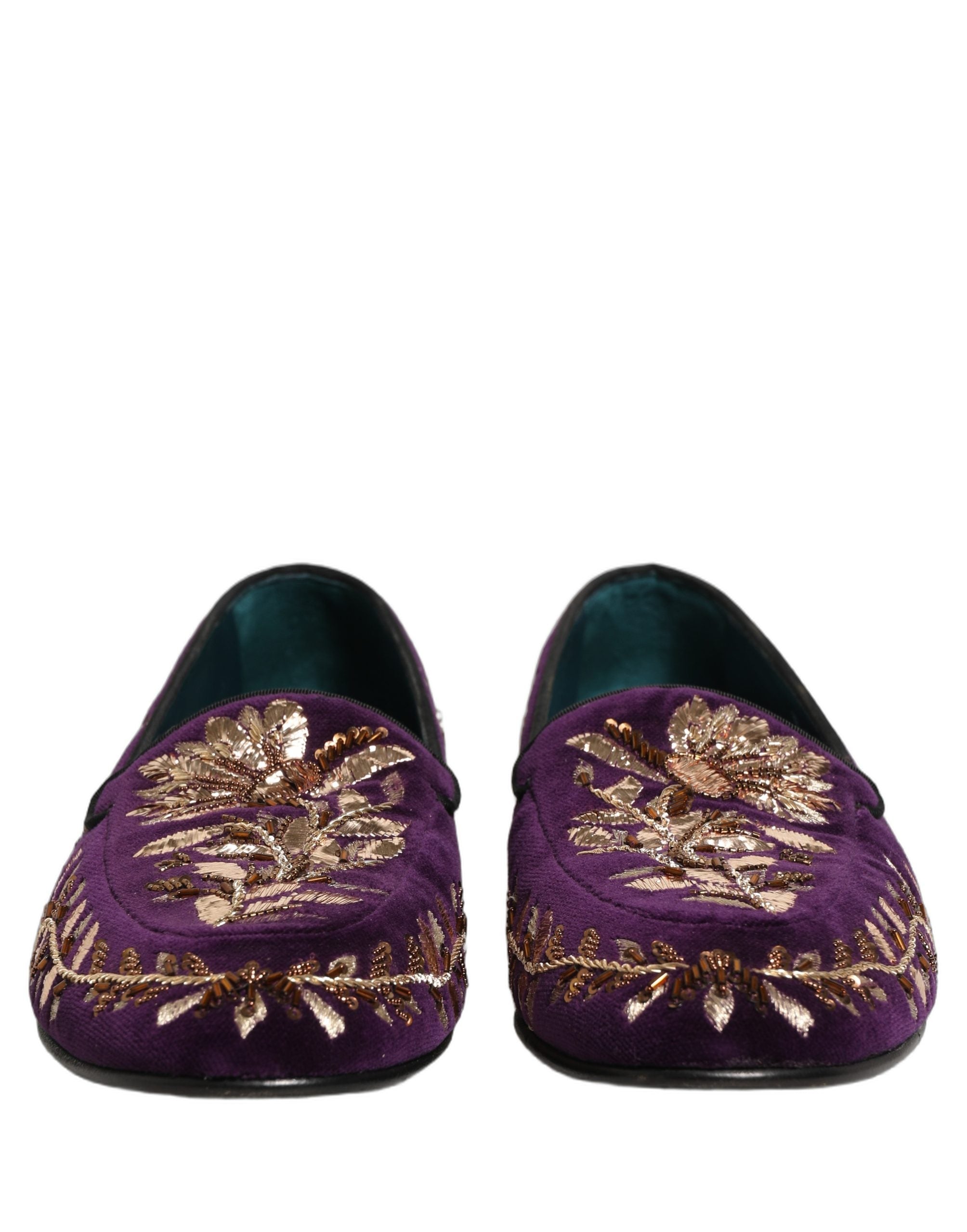 Dolce & Gabbana Violet Velvet Floral Embroidery Loafers Shoes