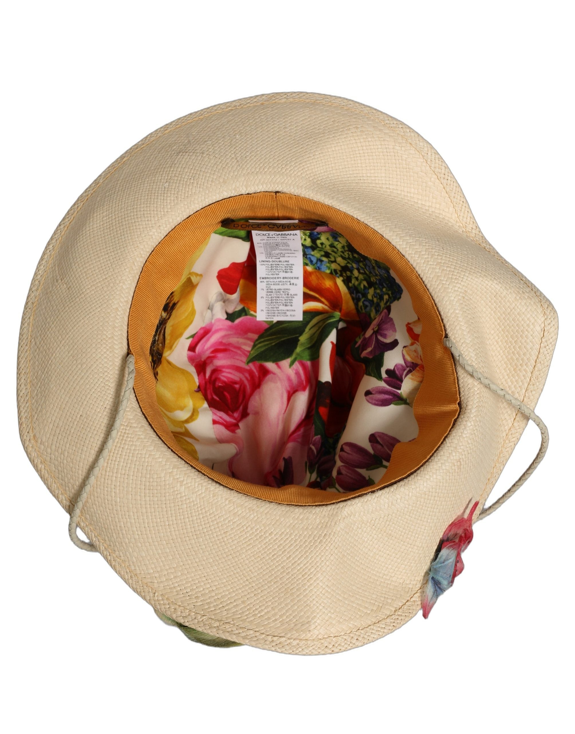 Dolce & Gabbana Women Beige Floral Apllique Straw Bucket Hat