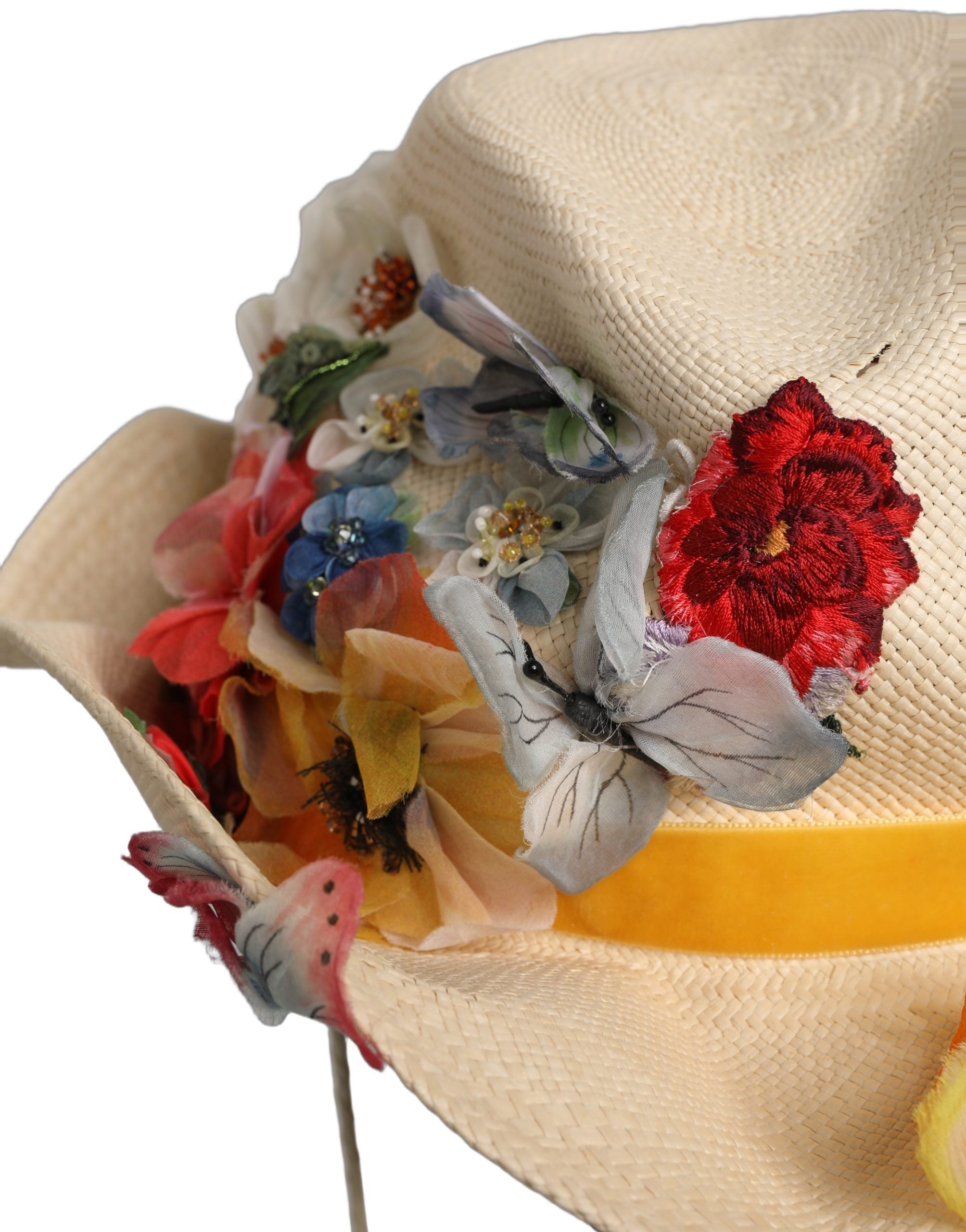 Dolce & Gabbana Women Beige Floral Apllique Straw Bucket Hat