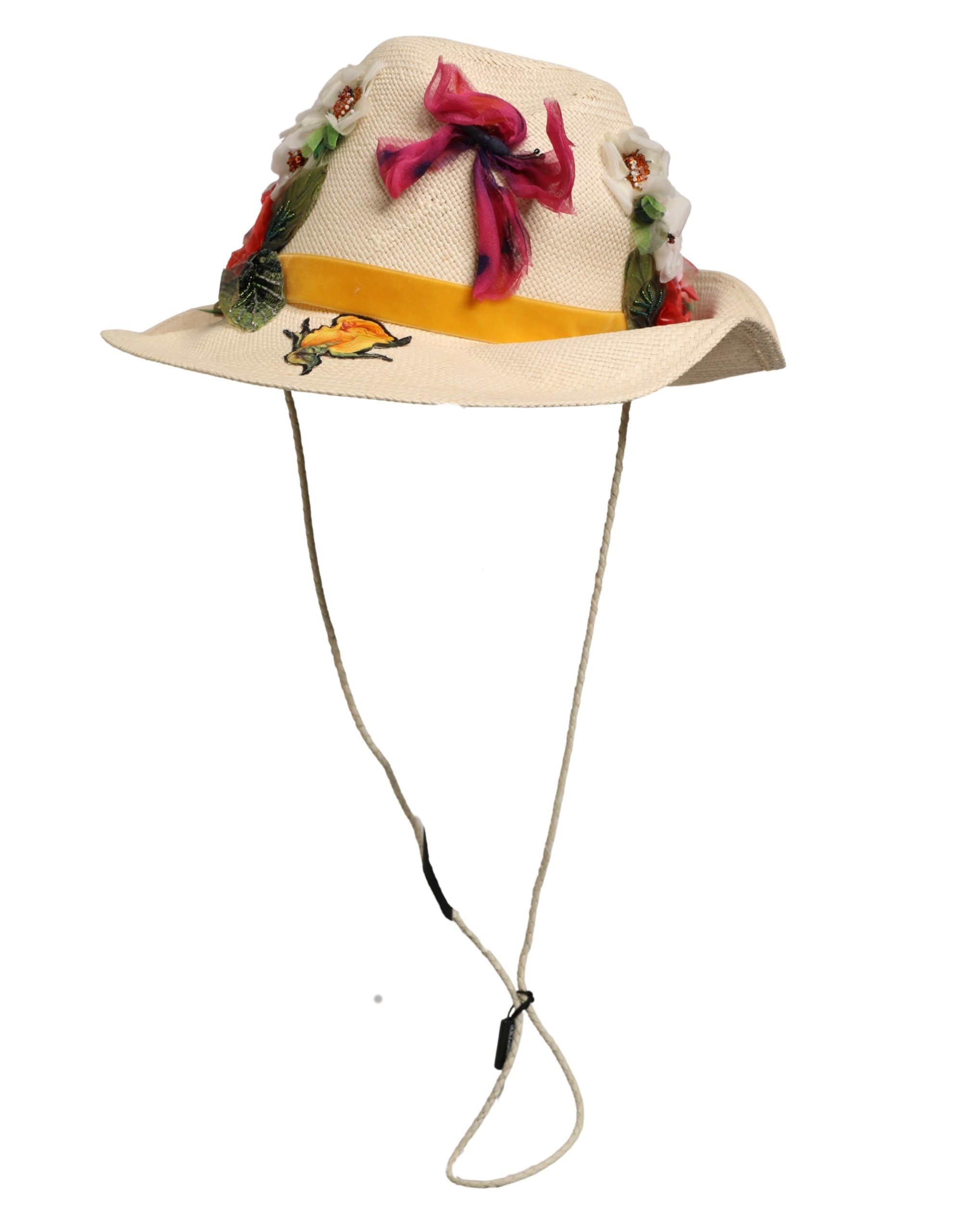 Dolce & Gabbana Women Beige Floral Apllique Straw Bucket Hat