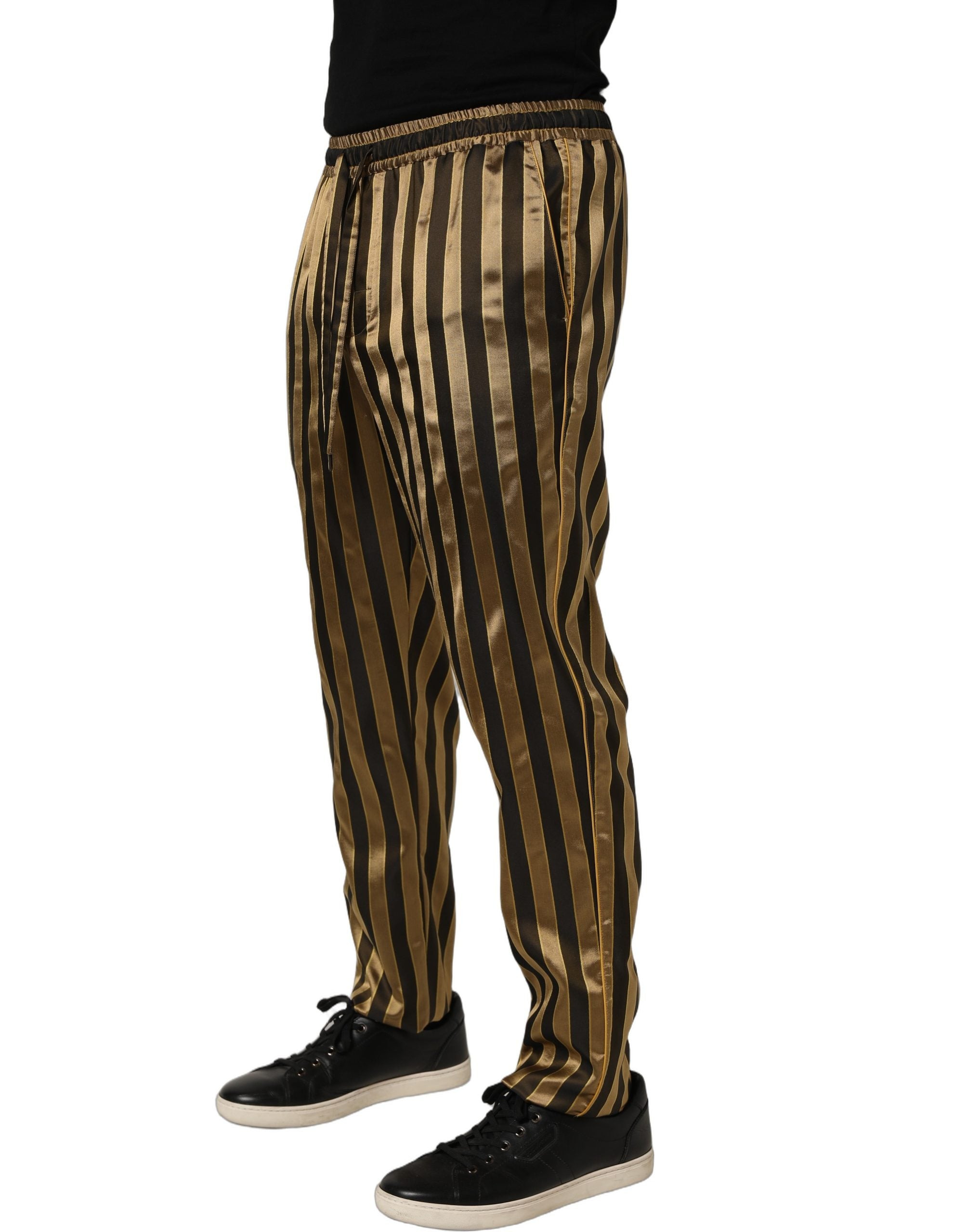 Dolce & Gabbana Gold Black Stripe Satin Tapered Leg Men Pants