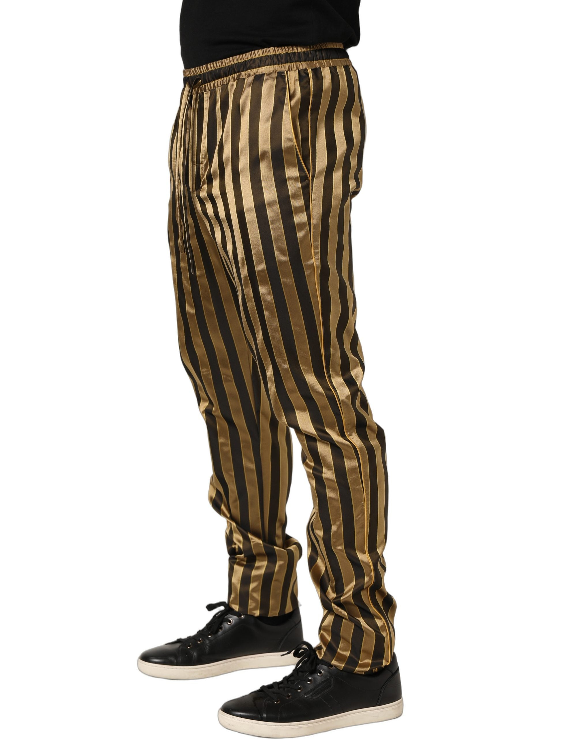 Dolce & Gabbana Gold Black Stripes Satin Tapered Leg Men Pants
