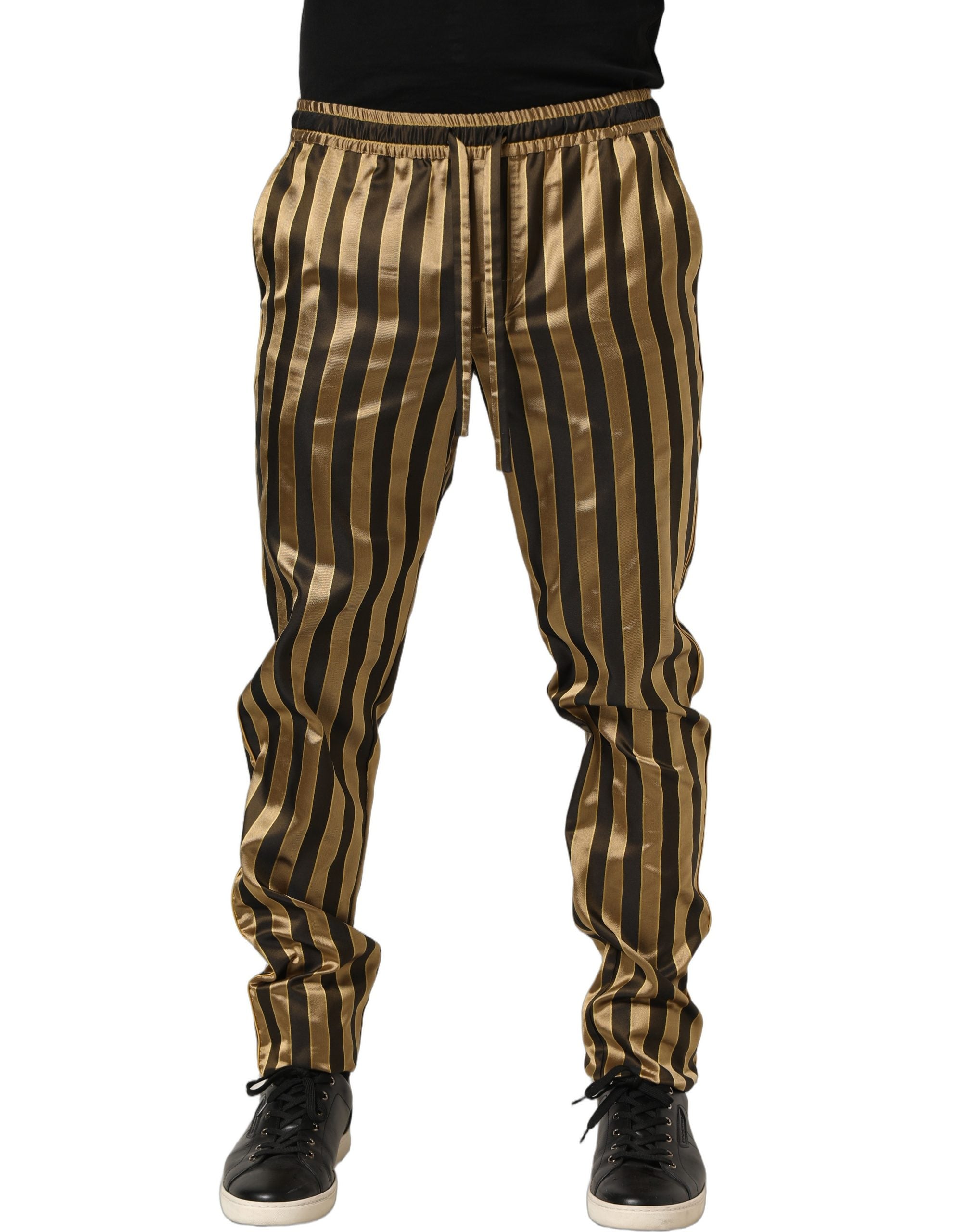 Dolce & Gabbana Gold Black Stripes Satin Tapered Leg Men Pants