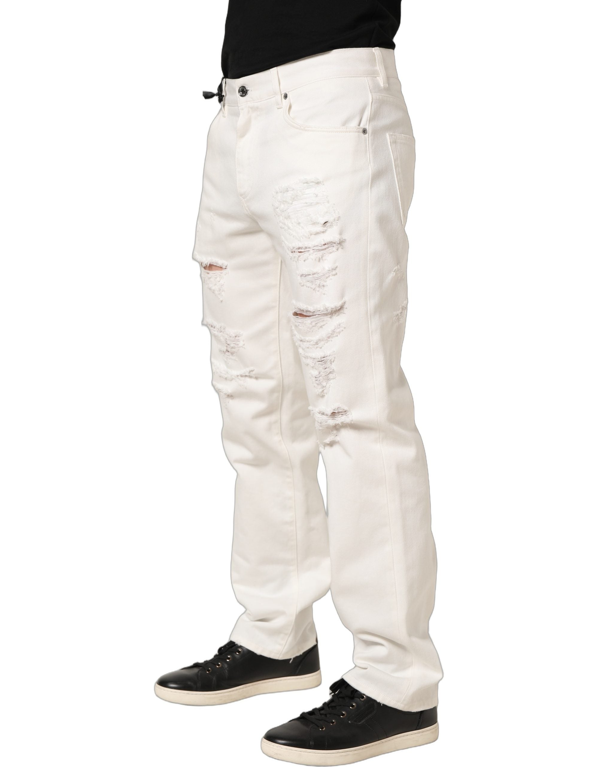 Dolce & Gabbana White Cotton Distressed Straight Denim Jeans