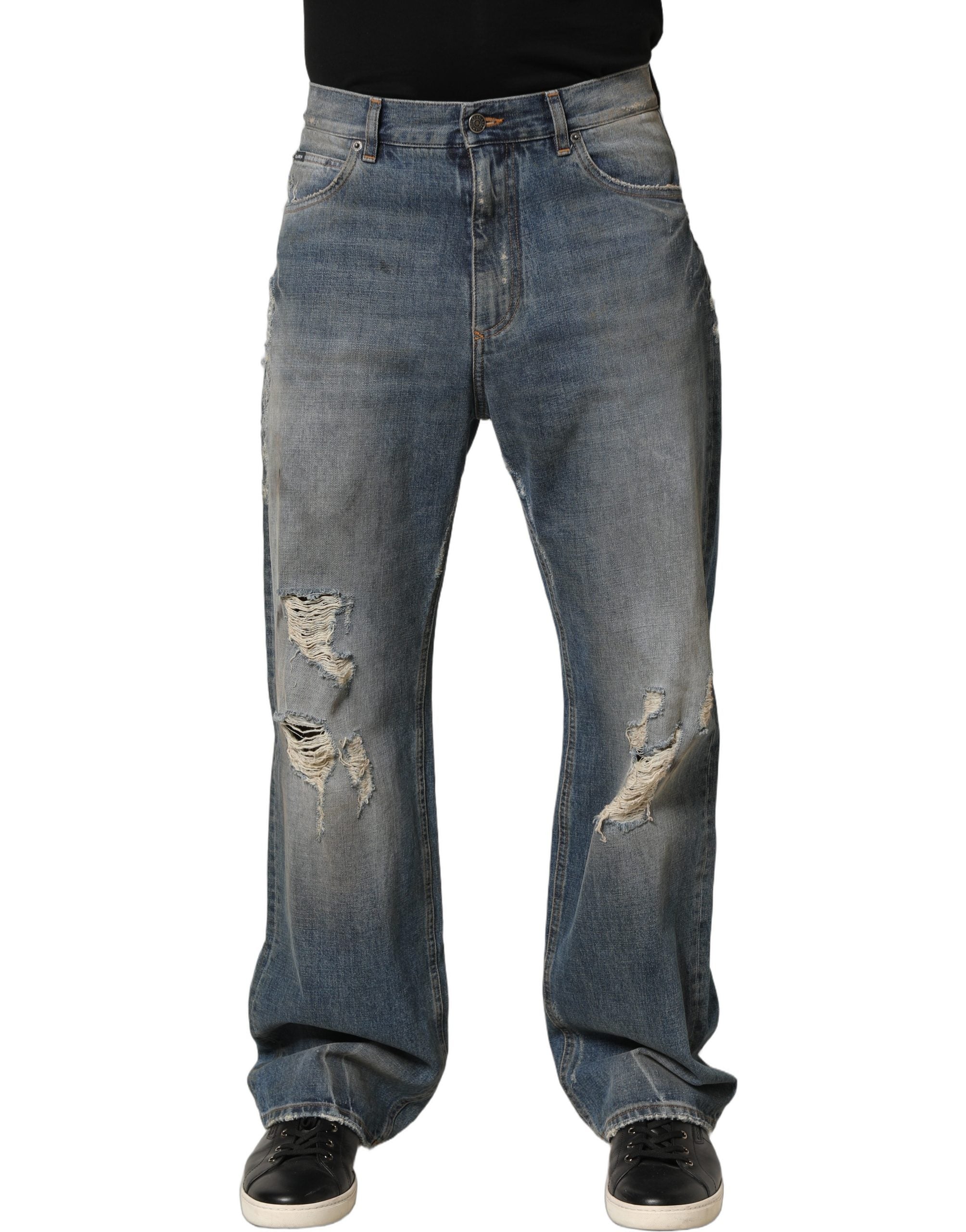 Dolce & Gabbana Blue Cotton Distressed Straight Denim Jeans