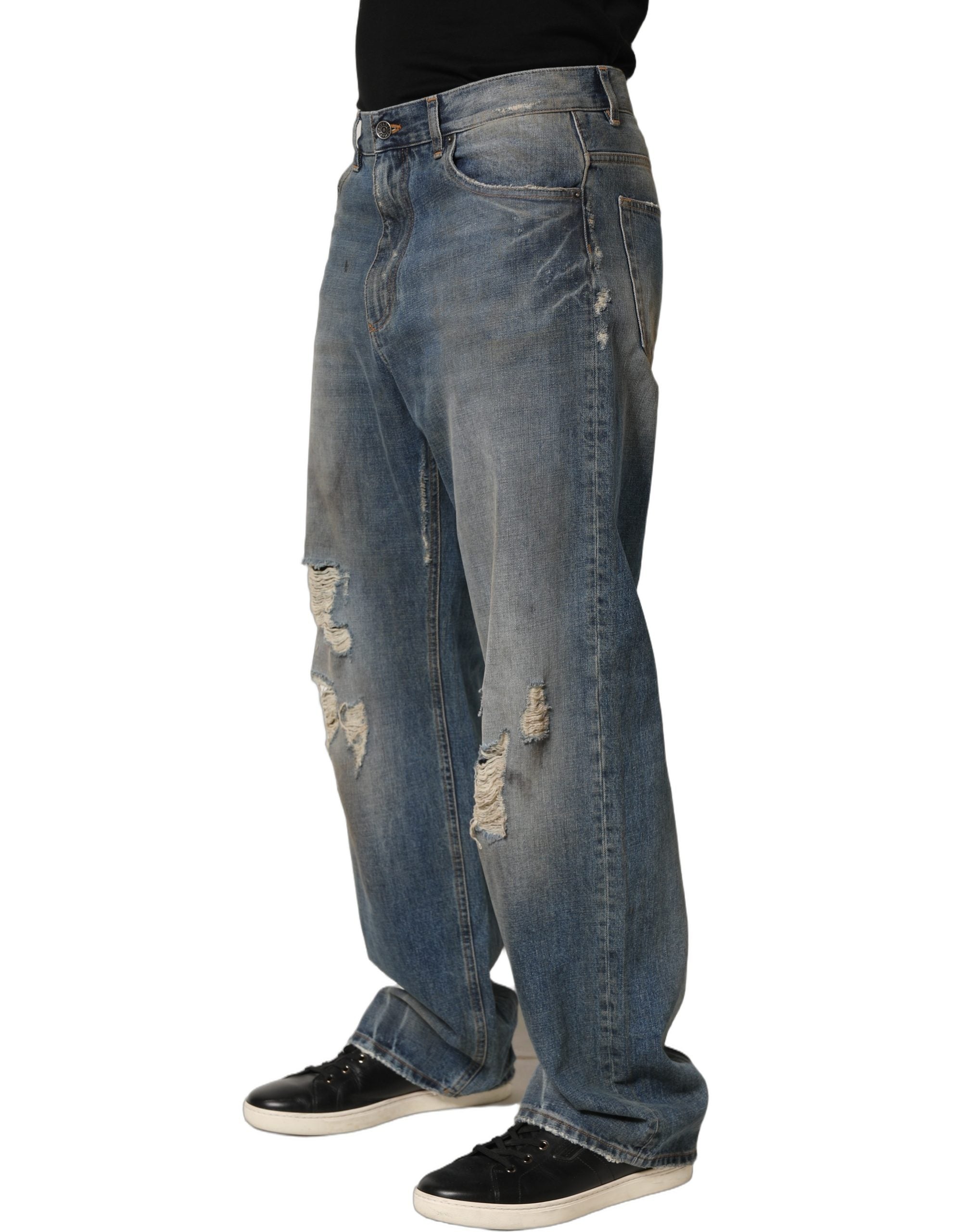 Dolce & Gabbana Blue Cotton Distressed Straight Denim Jeans