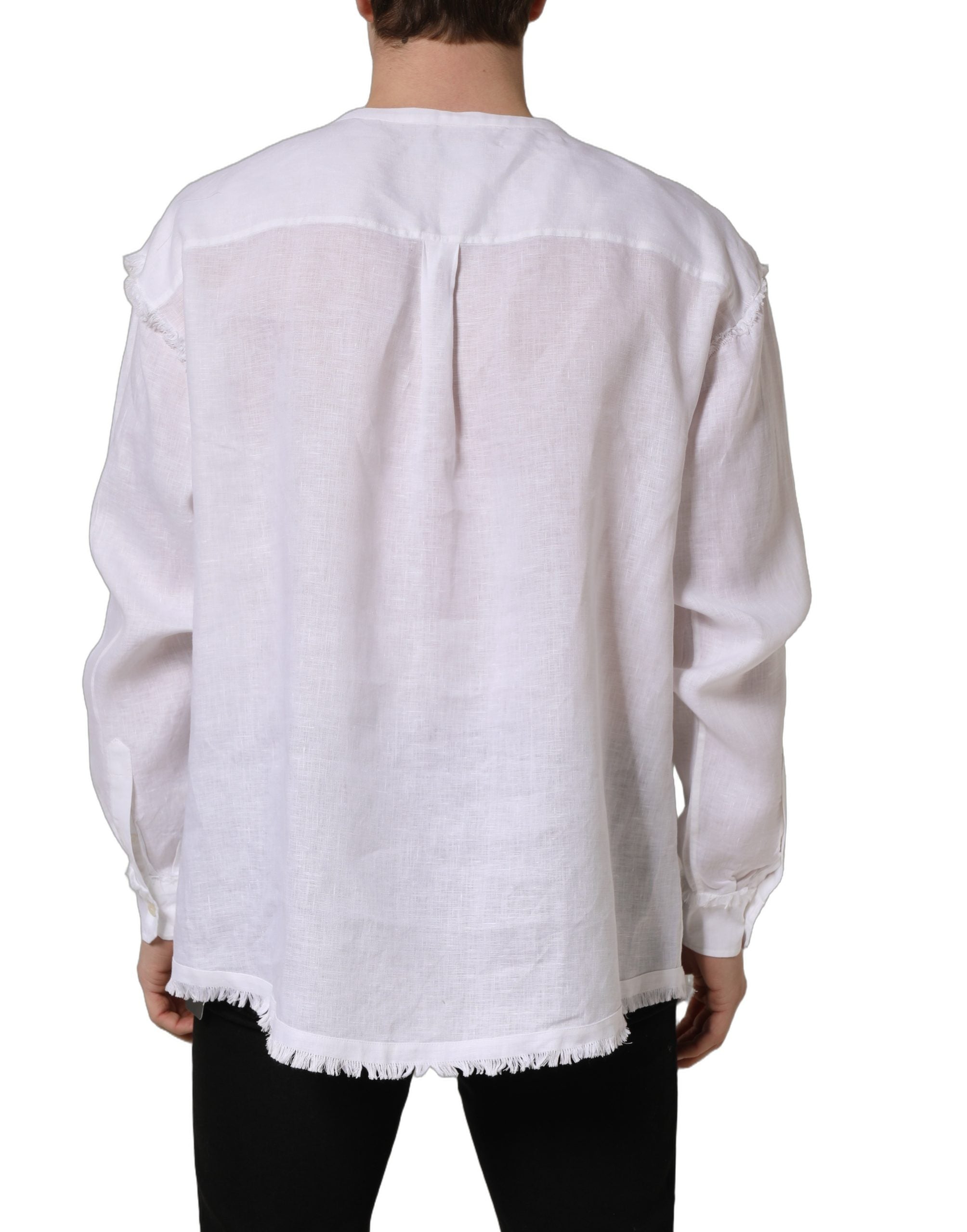 Dolce & Gabbana White Linen Logo Long Sleeves Casual Shirt