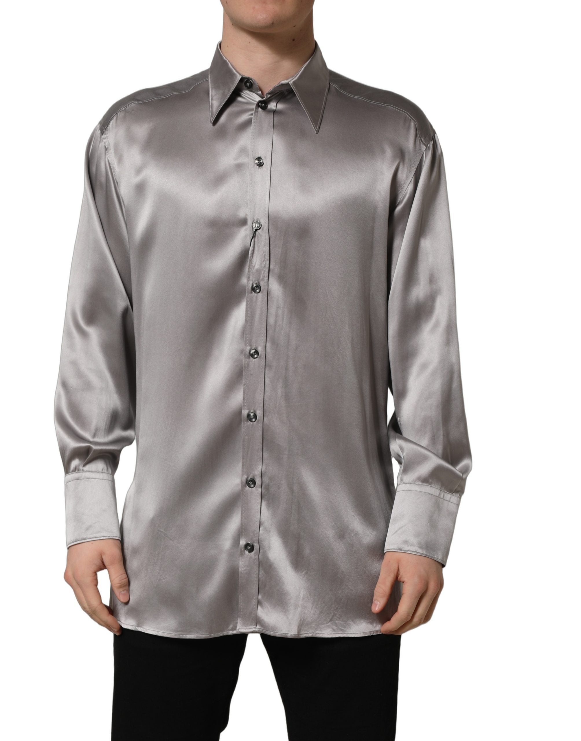 Dolce & Gabbana Metallic Grey Satin Silk Formal Dress Shirt
