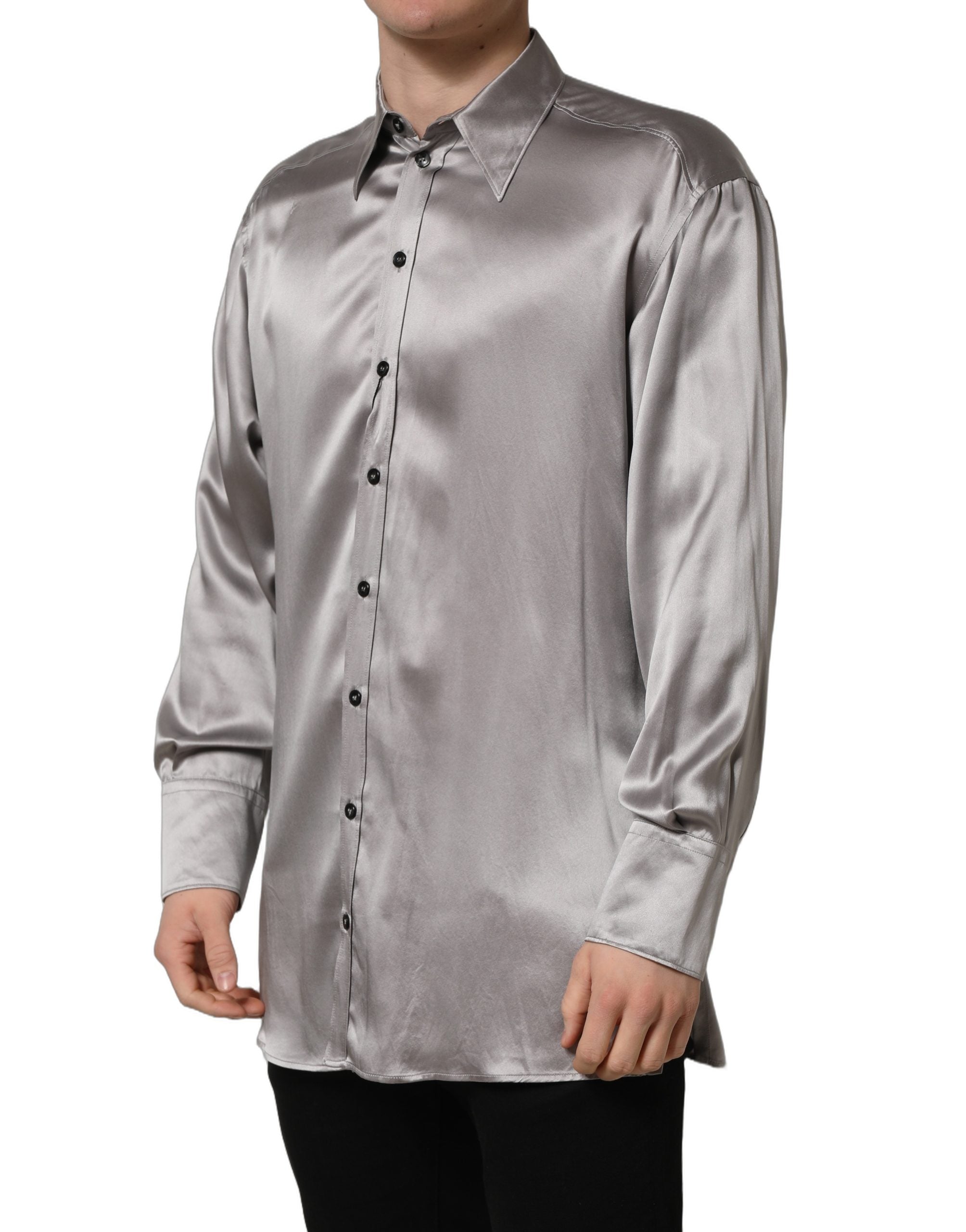 Dolce & Gabbana Metallic Grey Satin Silk Formal Dress Shirt