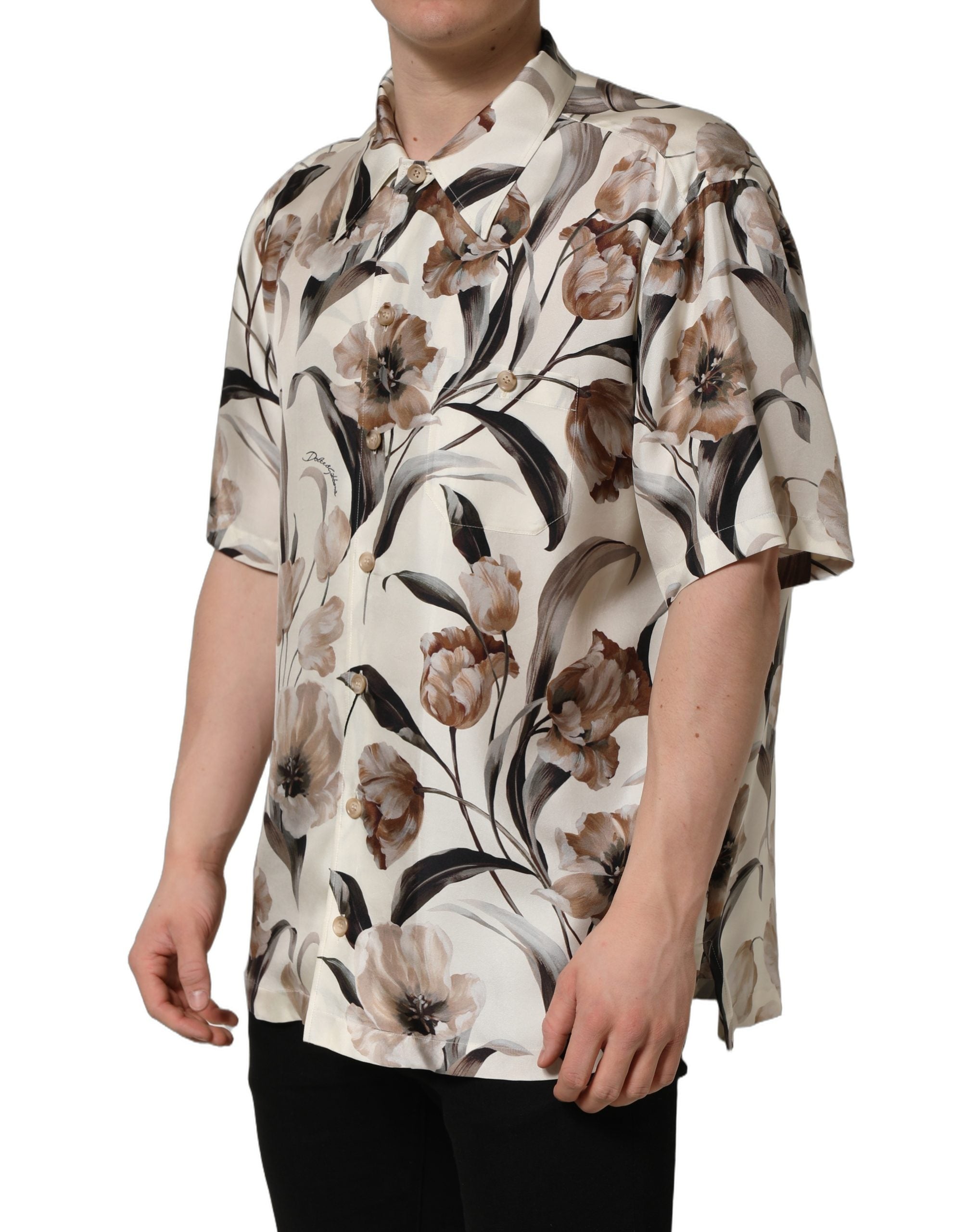 Dolce & Gabbana Beige Tulip Print Silk Short Sleeves Shirt
