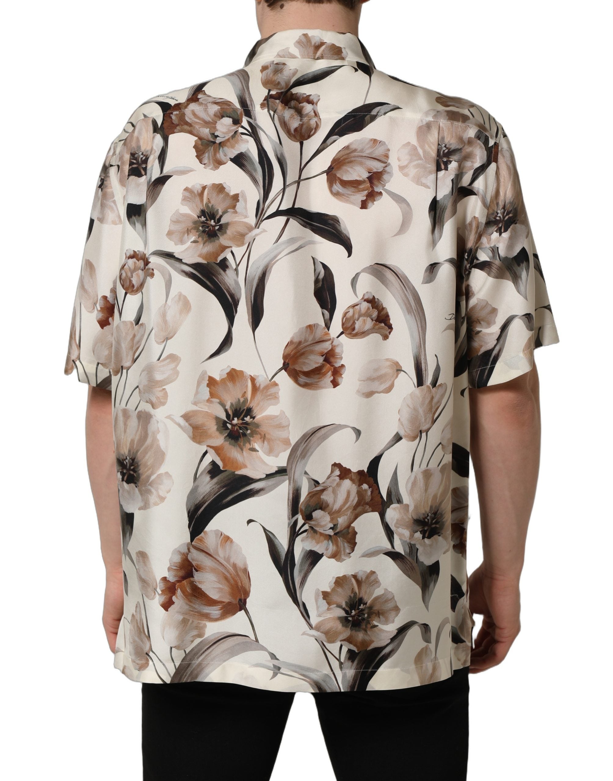 Dolce & Gabbana Beige Tulip Print Silk Short Sleeves Shirt