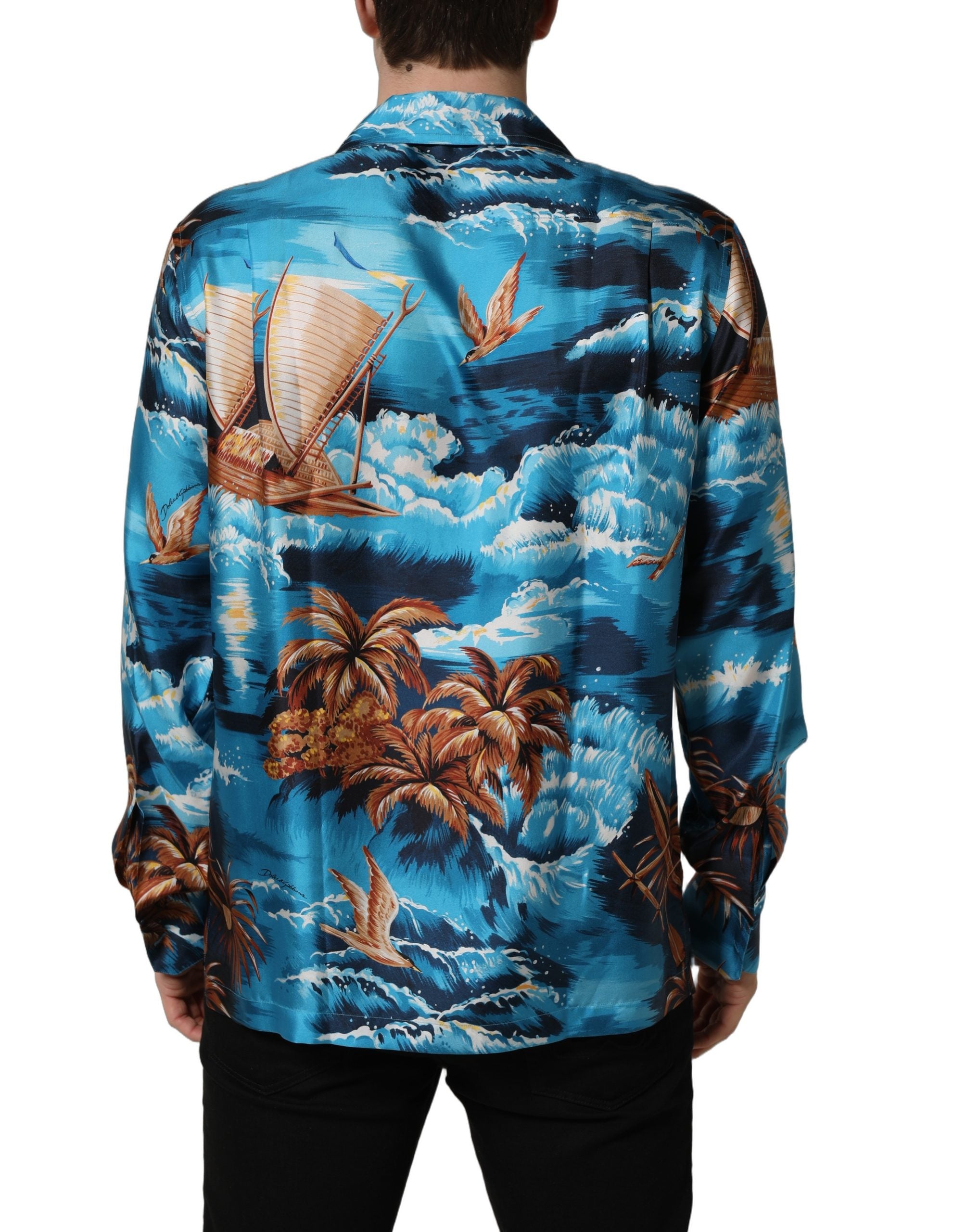 Dolce & Gabbana Blue Silk Twill Hawaiian GraphicPrint Shirt
