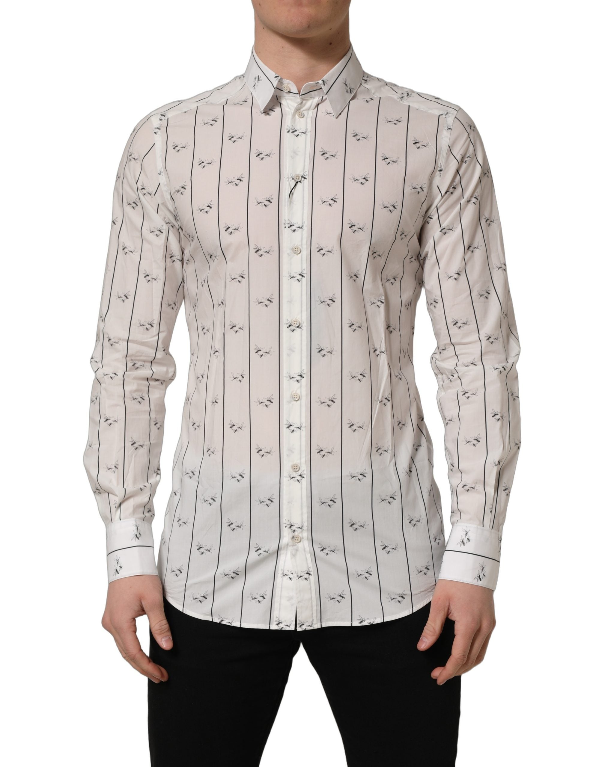 Dolce & Gabbana White Bee Print Cotton GOLD Fit Dress Shirt