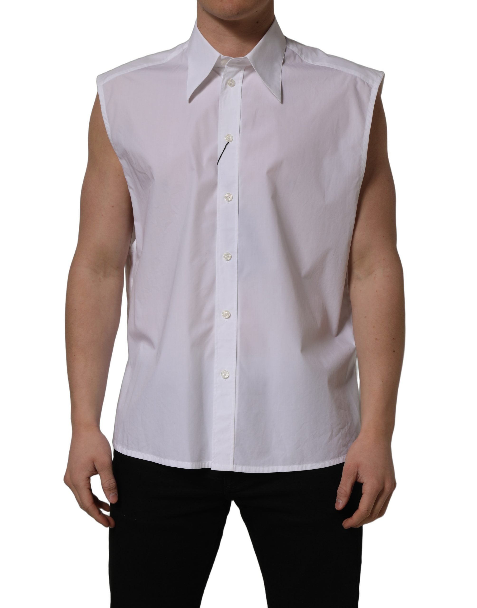 Dolce & Gabbana White Cotton Sleeveless Formal Dress Shirt