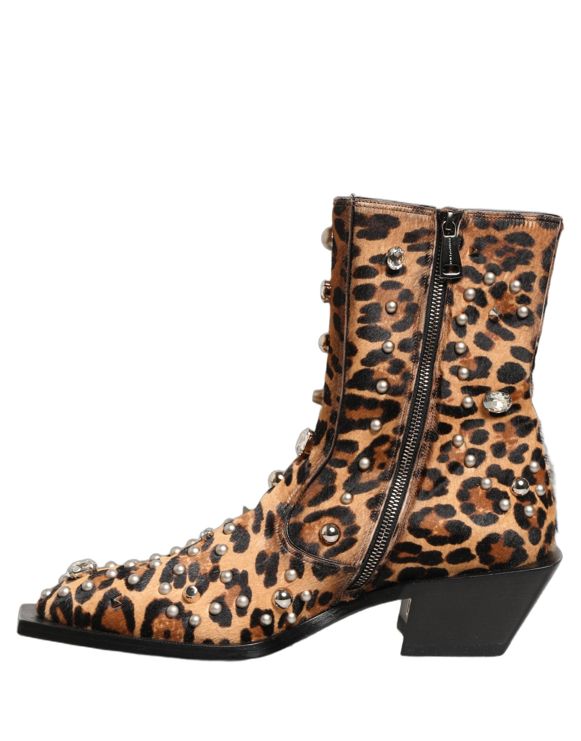 Dolce & Gabbana Brown Leopard Embellished Mid Calf Men Boots Shoes