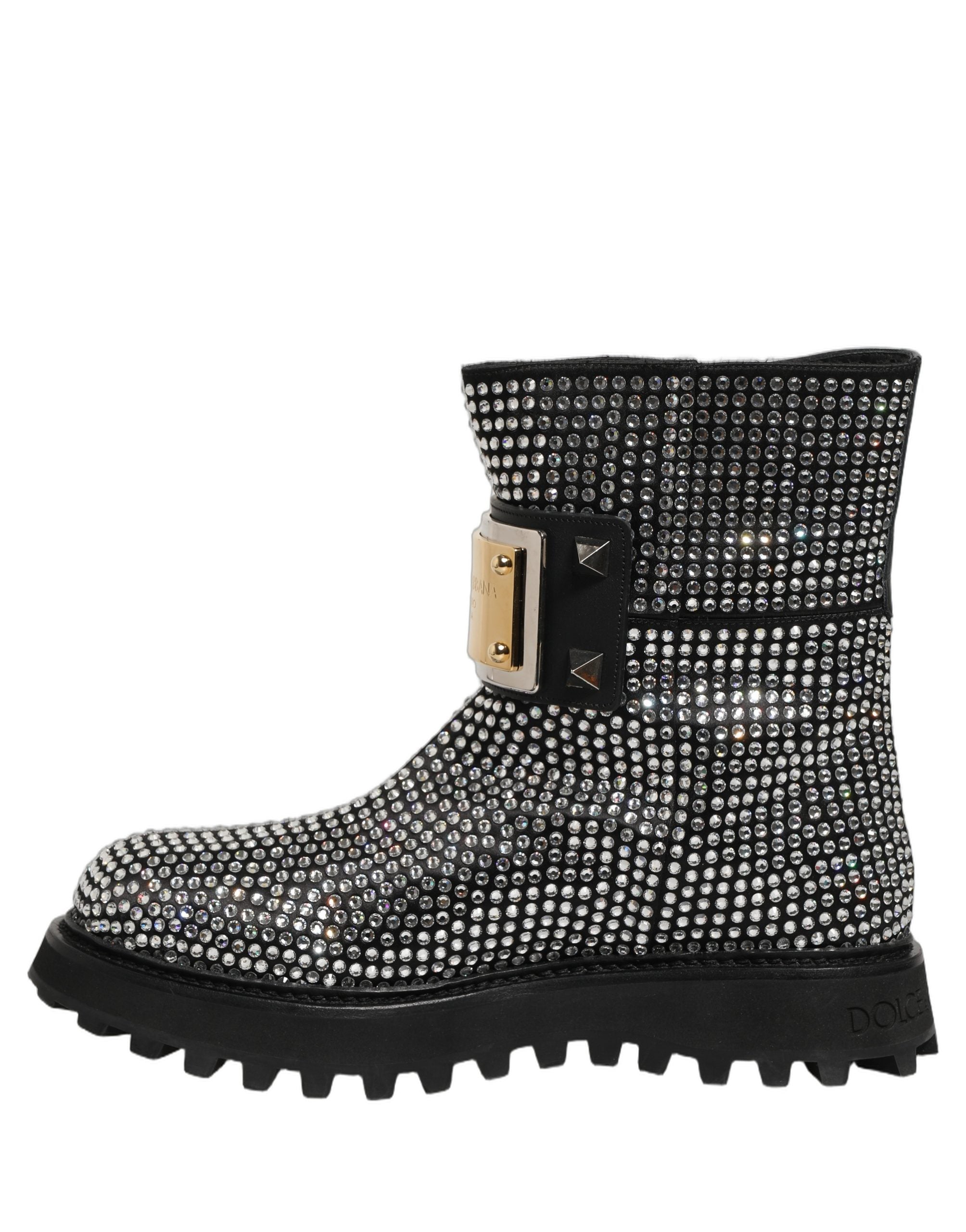 Dolce & Gabbana Black Crystal Embellished Short Boots Shoes